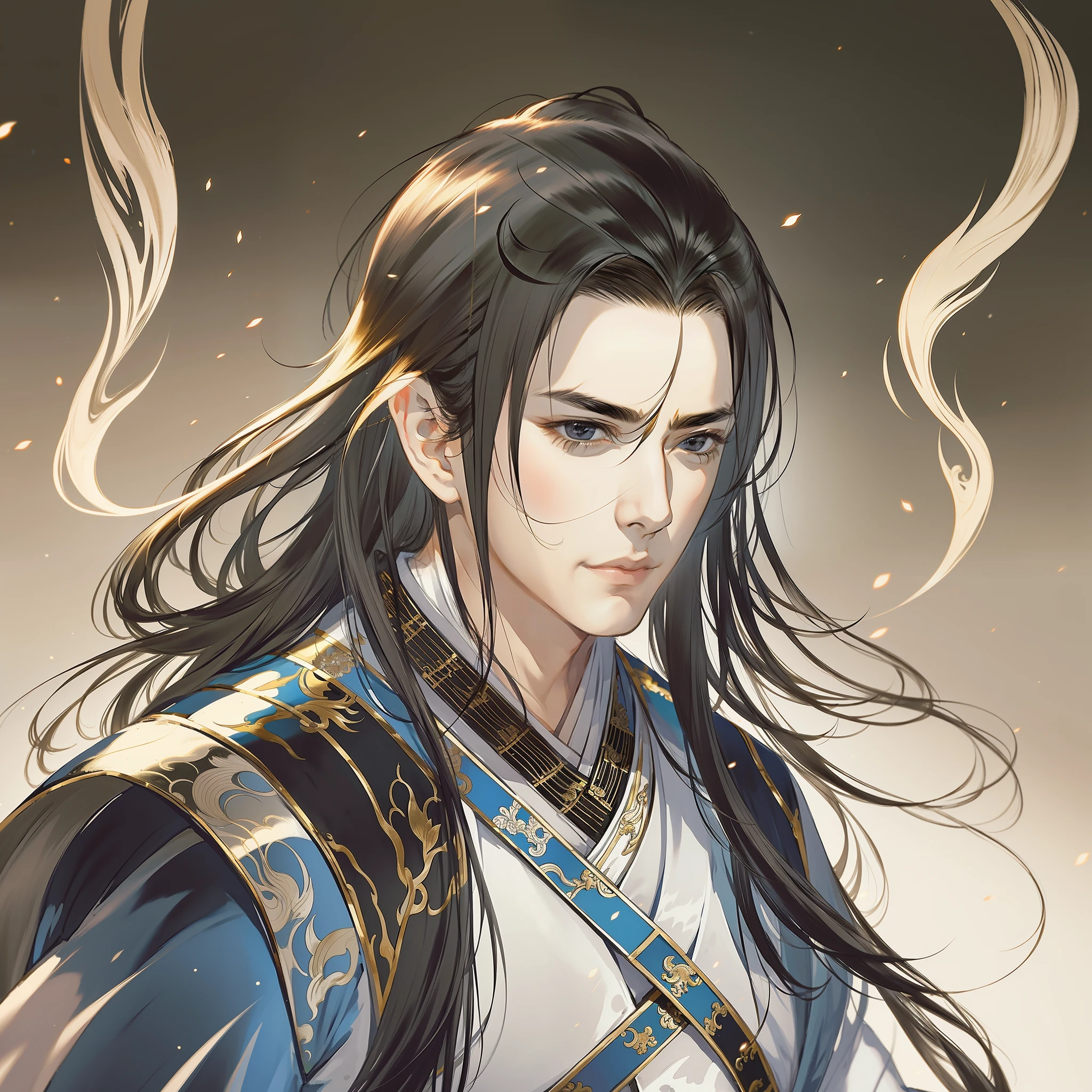 A handsome man in ancient China, sharp eyes, clear facial features, wearing Hanfu, fighting, mysterious temperament, clear face, beautiful eyes, masterpiece, super detailed, epic composition, super HD, high quality, highest quality, 32k