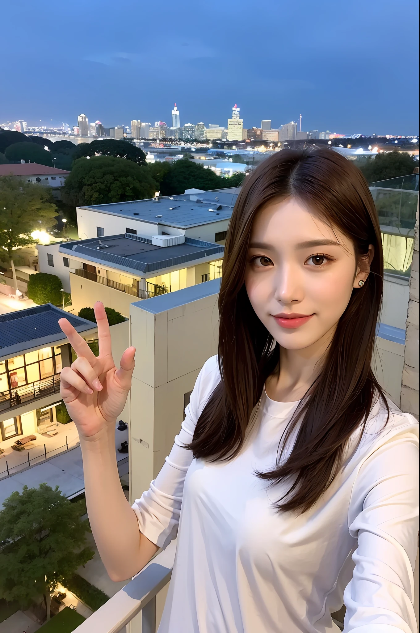 ((top quality, 8k, masterpiece: 1.3)), full body, long legs, crisp focus: 1.2, beautiful woman with perfect style: 1.4, slender abs: 1.1, ((brown hair, small: 1.2)), (white shirt of light fabric, happy look, standing: 1.2), ((night view of the city, balcony: 1.3)), highly detailed face and skin texture, detailed eyes, double eyelids