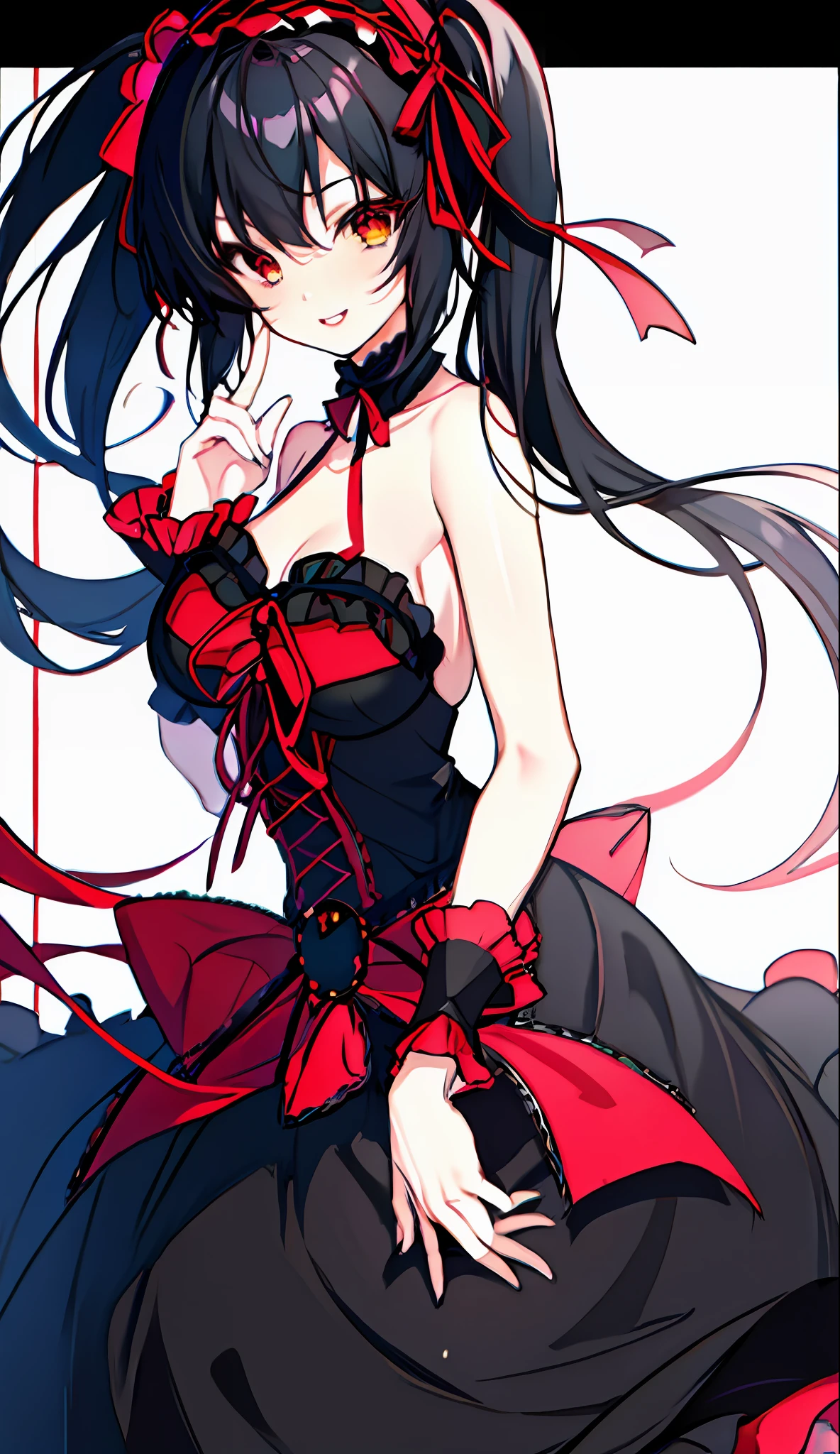 18 years old beautiful girl, masterpiece, top quality, 8K anime, 1 girl, solo, detailed fingers, precise fingers, not unnatural hands, odd eye, black hair twintails, kurumi tokizaki, large breasts,