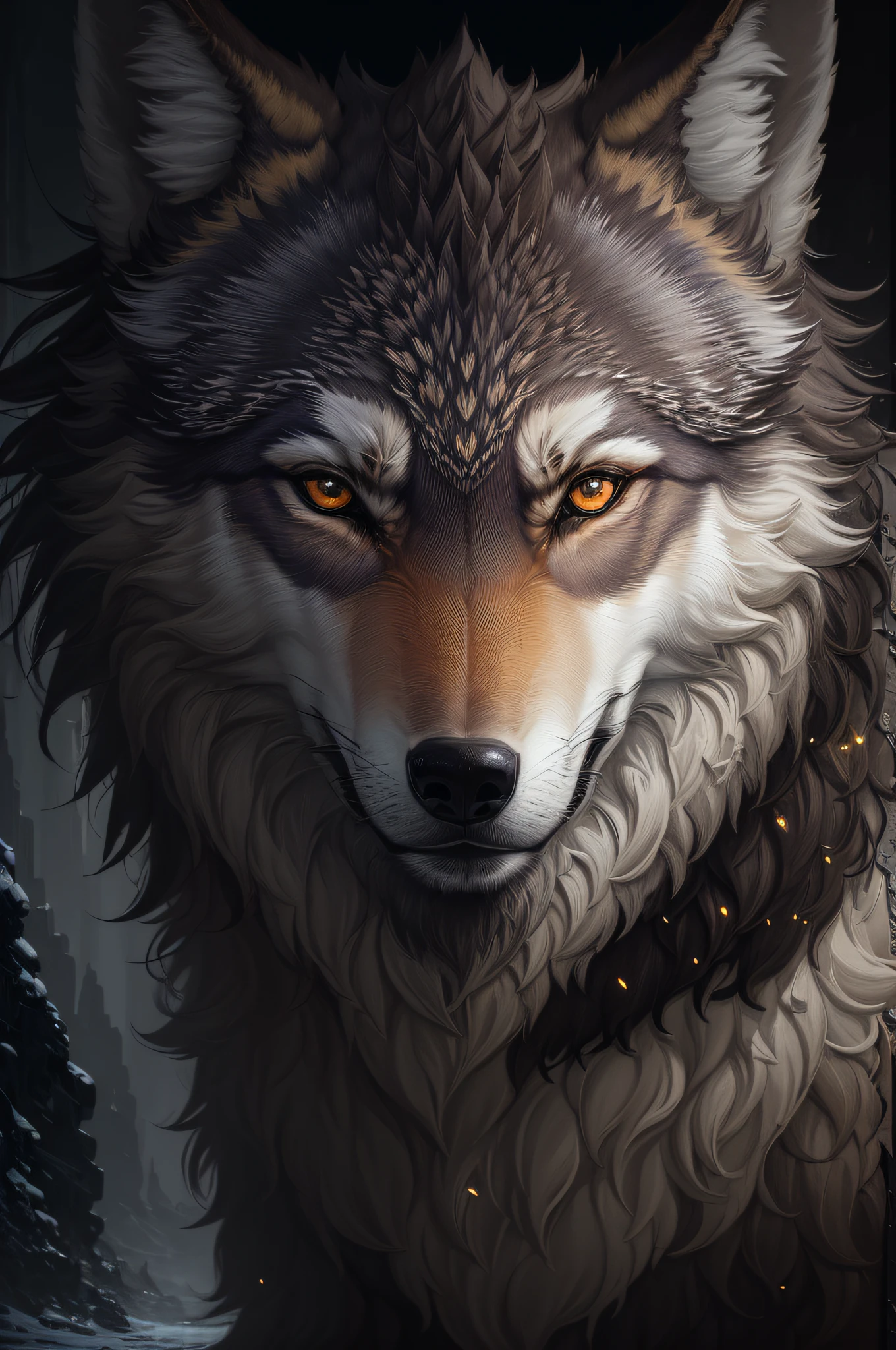 masterpiece, best quality, (finely detailed wolf)), (very detailed CG unified 8k wallpaper), (very detailed CG unified 8k wallpaper), Ed Blinkey, Atey Ghailan, professional majestic oil painting by Studio Ghibli, Jeremy Mann, Greg Manchess, Antonio Moro, trends on ArtStation, Midjourney and Greg Rutkowski's trends on CGSociety, complexity, high detail, sharpness, Dramatic, realistic art of painting
