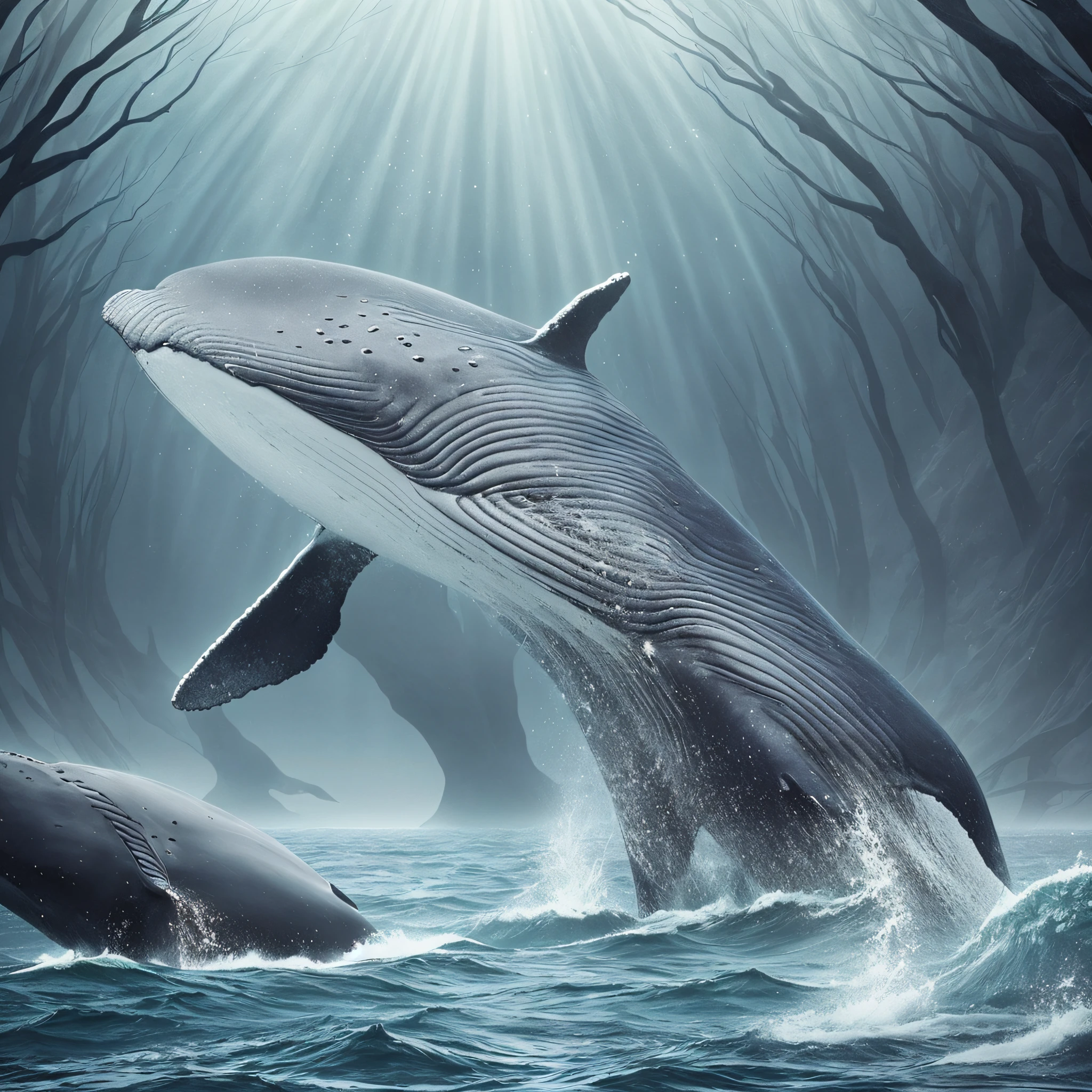Sinking into the abyss Remembering the past Giant whale sad shimmering Handsome surreal --auto --s2