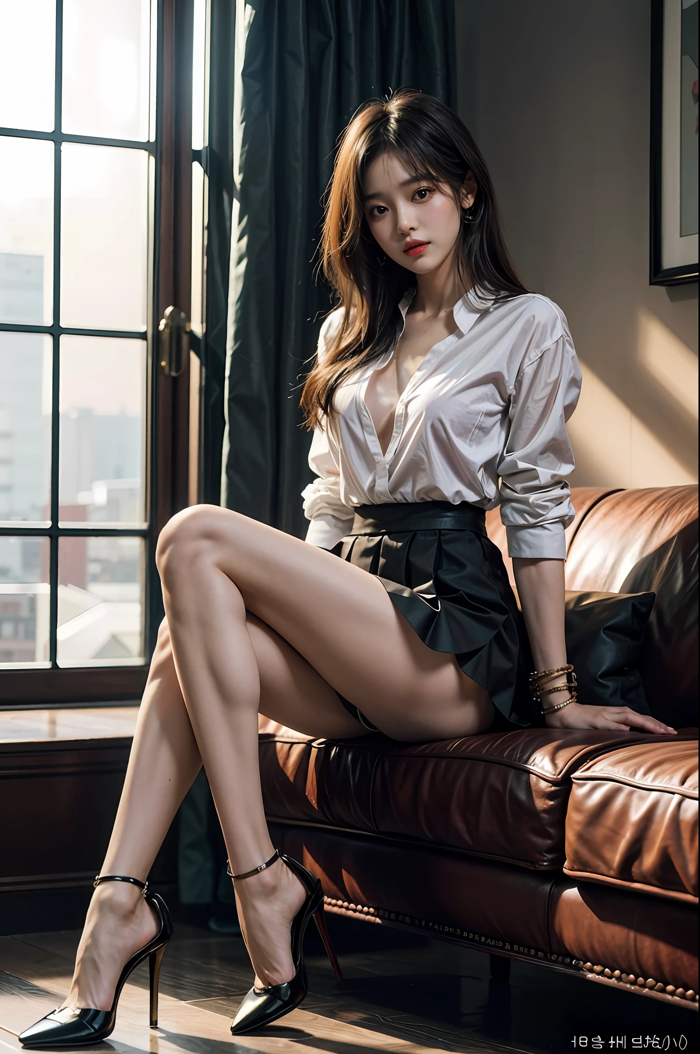 arafed woman sitting on a couch wearing high heels and a white shirt, korean girl, sexy style, gorgeous young korean woman, korean women's fashion model, beautiful south korean woman, elegant seducing pose, sexy girl, sexy look, photo of slim girl model, korean woman, sexy pose, beautiful young korean woman, smooth white tight clothes suit, very sexy outfit