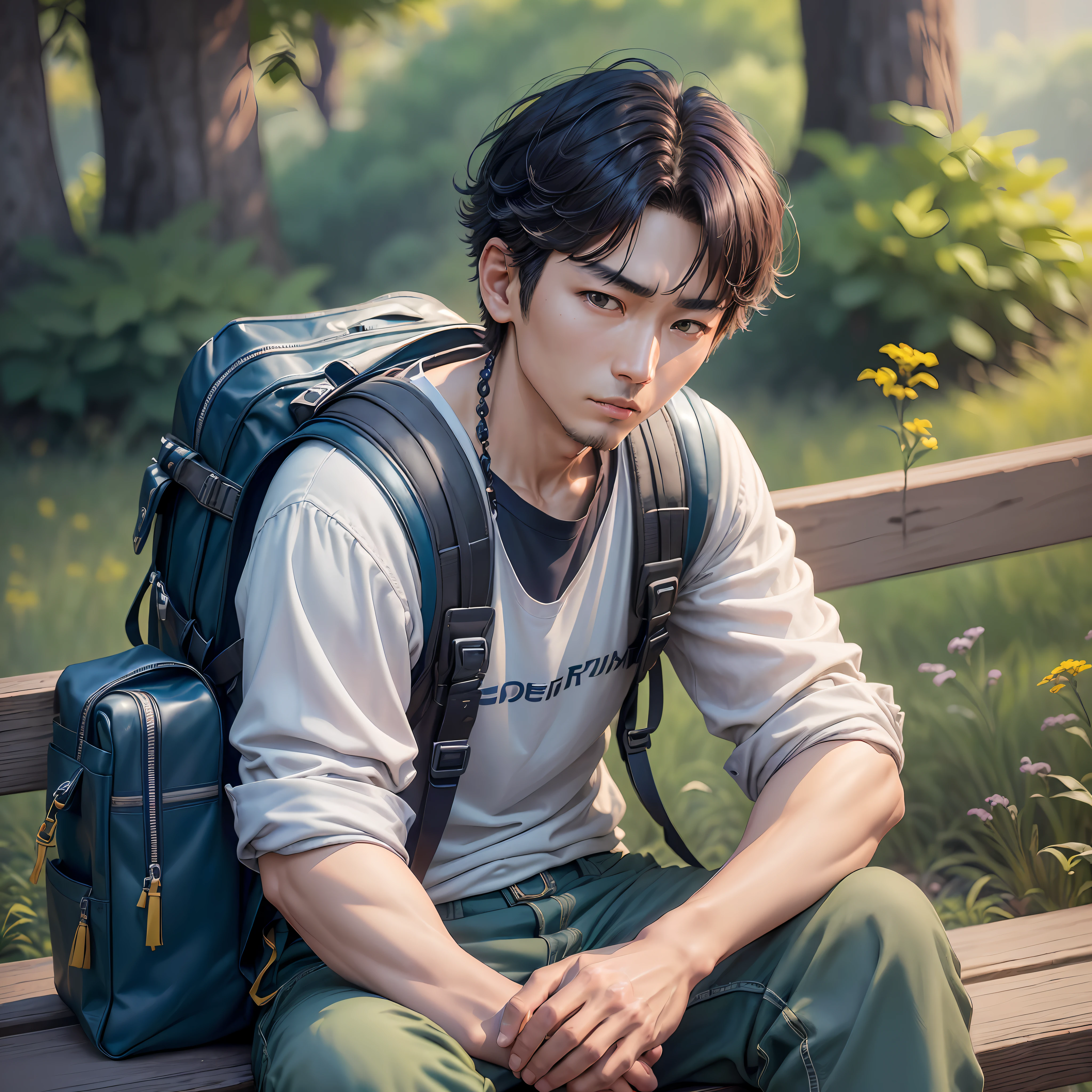 ((8k HD blockbuster, brilliant idea), Arafeld man sitting on bench with backpack on his shoulder, (Sangsoo Jeong+Hong June Hyung+Joongwon Jeong+Jeongseok Lee+Hyung Tae Kim), (Unique Korean Art Style: 1.3), (Pure Chinese Art Style), Sony A9 Shooting, (Soft Tone: 0.8). ) --auto --s2