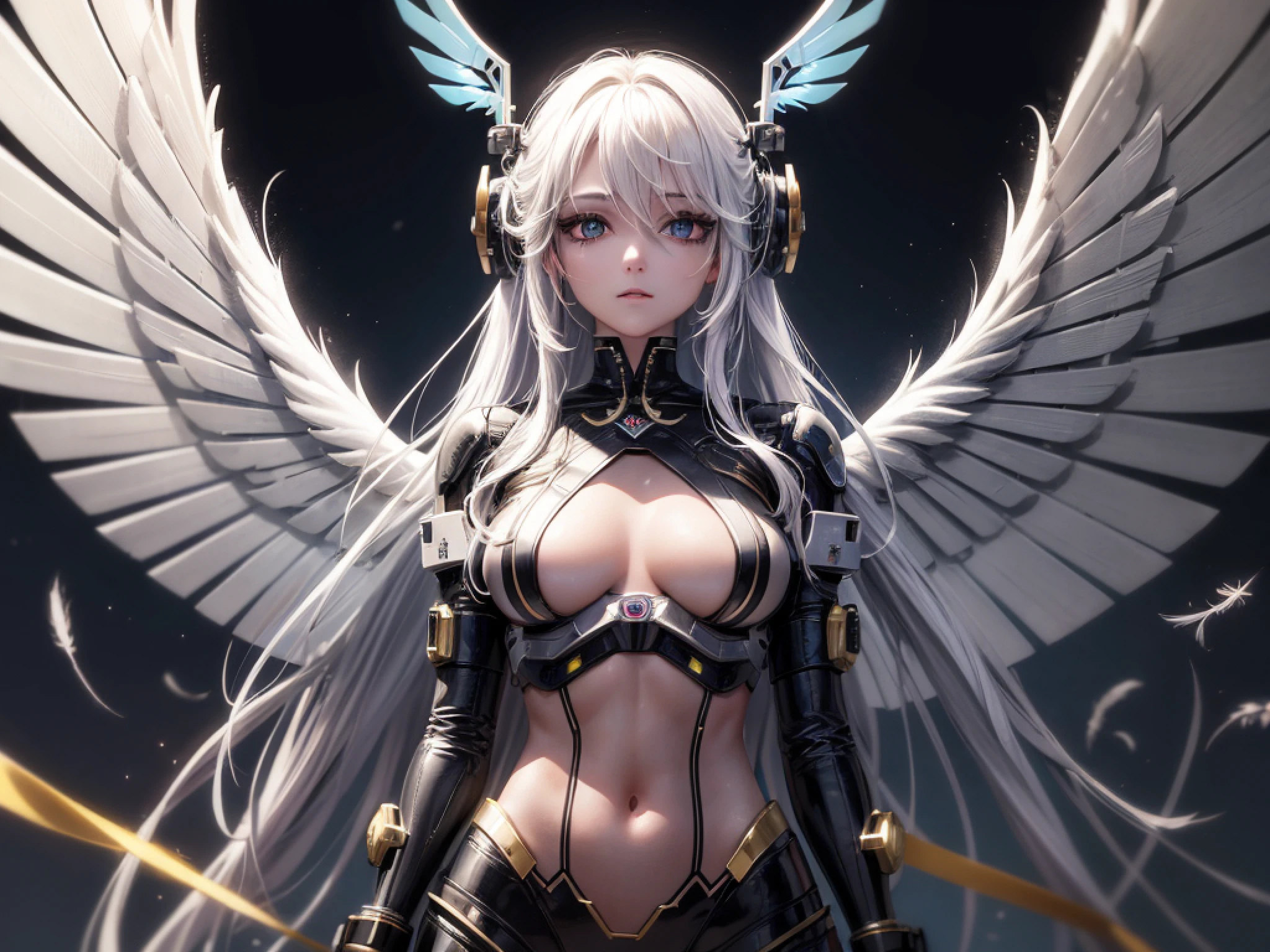 (Angel + Robot + Scorpion) × 1.3, long white hair, breasts, navel ring, unfolded light wings, feather details, light halo, high-tech punk atmosphere on background, bright eyes, highest quality, highest resolution, masterpiece, cinematic lighting