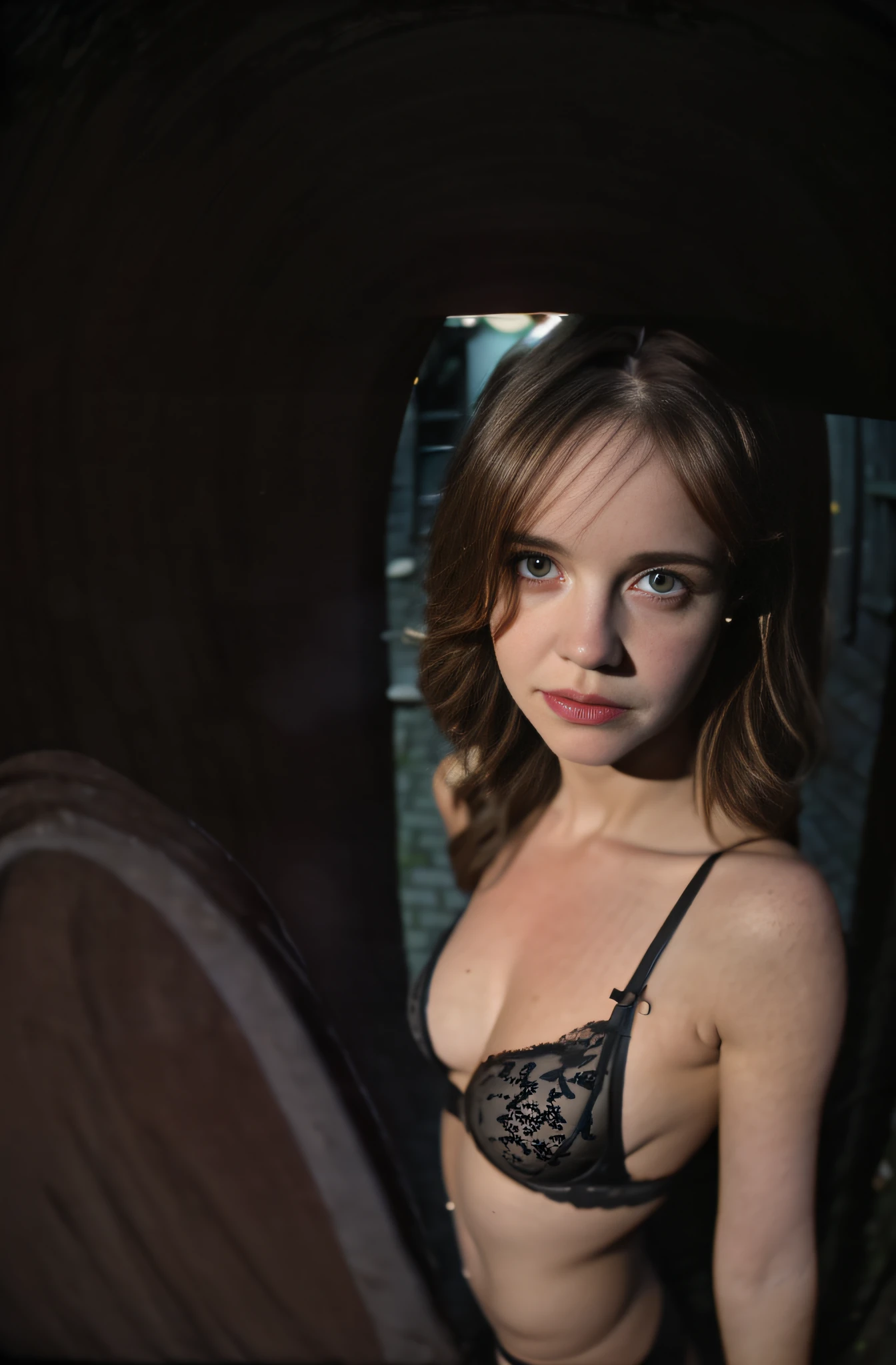 full body instant Polaroid of twenty year old woman (slim:1.1) lingerie, beautiful erotic woman, looking into camera, (fisheye lens:1.3),candid photograph, (dimly lit spooky alleyway:1.3), (dark shot:1.7), photo-realistic, (film grain:1.4), (masterpiece:1.2), sharp image, analog style, award winning photo, best quality,(shot with kodak 400:1.3), sharp,skin pores, (sunkissed freckles on face:0.6), Photo by sally field in color, (shot on Fujifilm X-T4:1.2), angular jawline, high cheekbones, large dull hazel eyes, ( film imperfections:1.2)