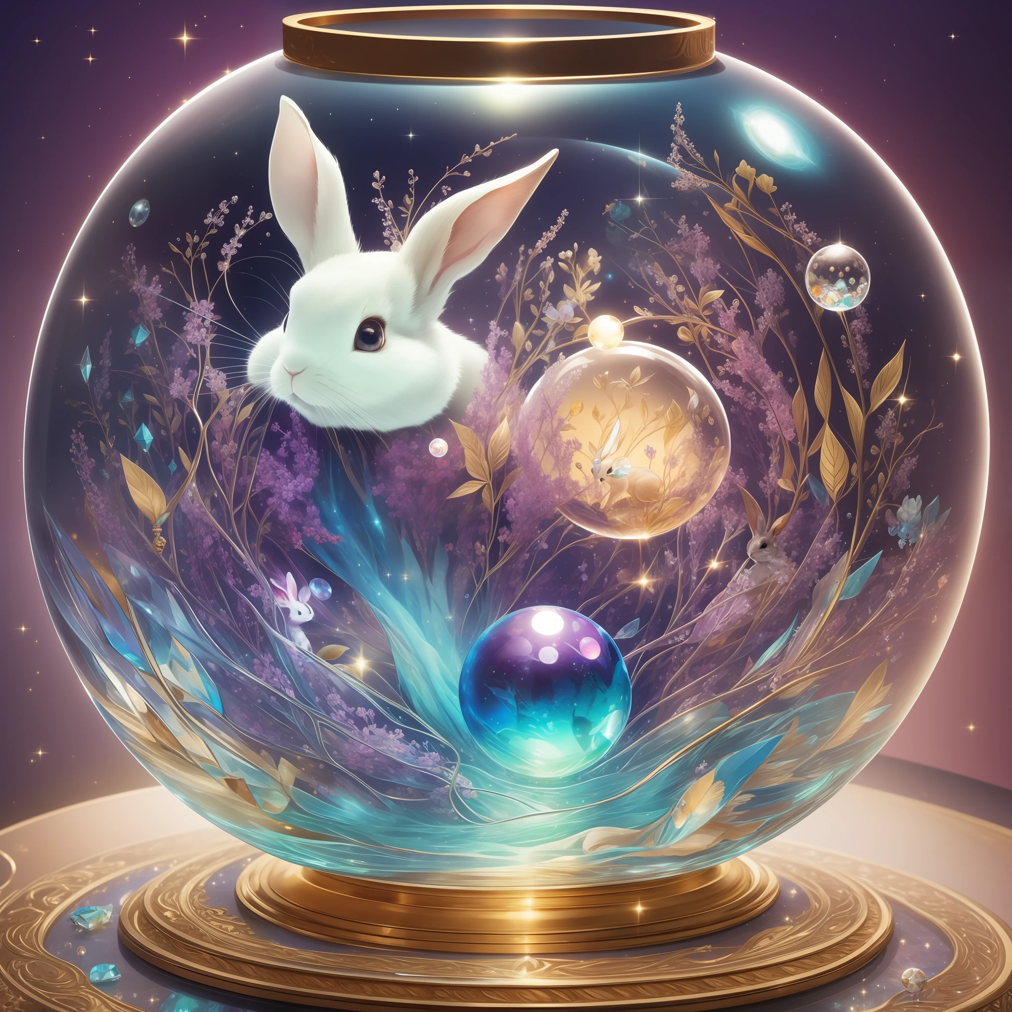 An exquisitely detailed and stunning masterpiece, top notch quality, crystal clear, fantastical, containing a beautiful glass ball encapsulating a playful and curious rabbit, floating in a dreamy atmosphere with a touch of magical sparkles, glowing with vibrant colors, and a subtle hint of surrealism.