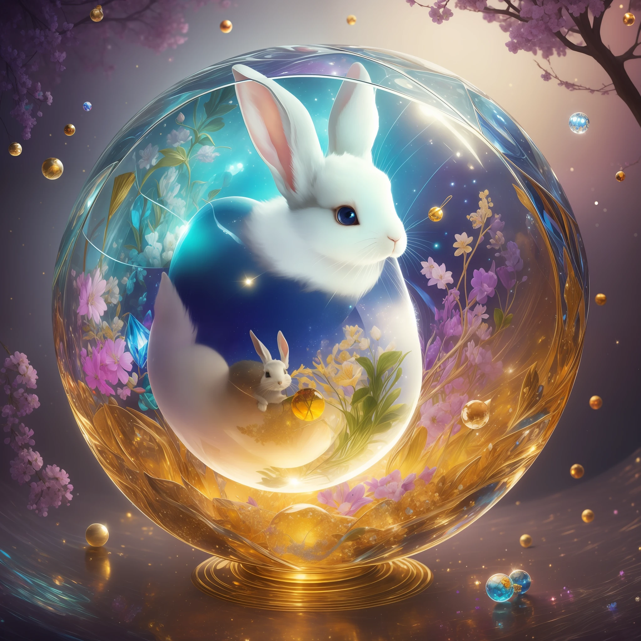 An exquisitely detailed and stunning masterpiece, top notch quality, crystal clear, fantastical, containing a beautiful glass ball encapsulating a playful and curious rabbit, floating in a dreamy atmosphere with a touch of magical sparkles, glowing with vibrant colors, and a subtle hint of surrealism.