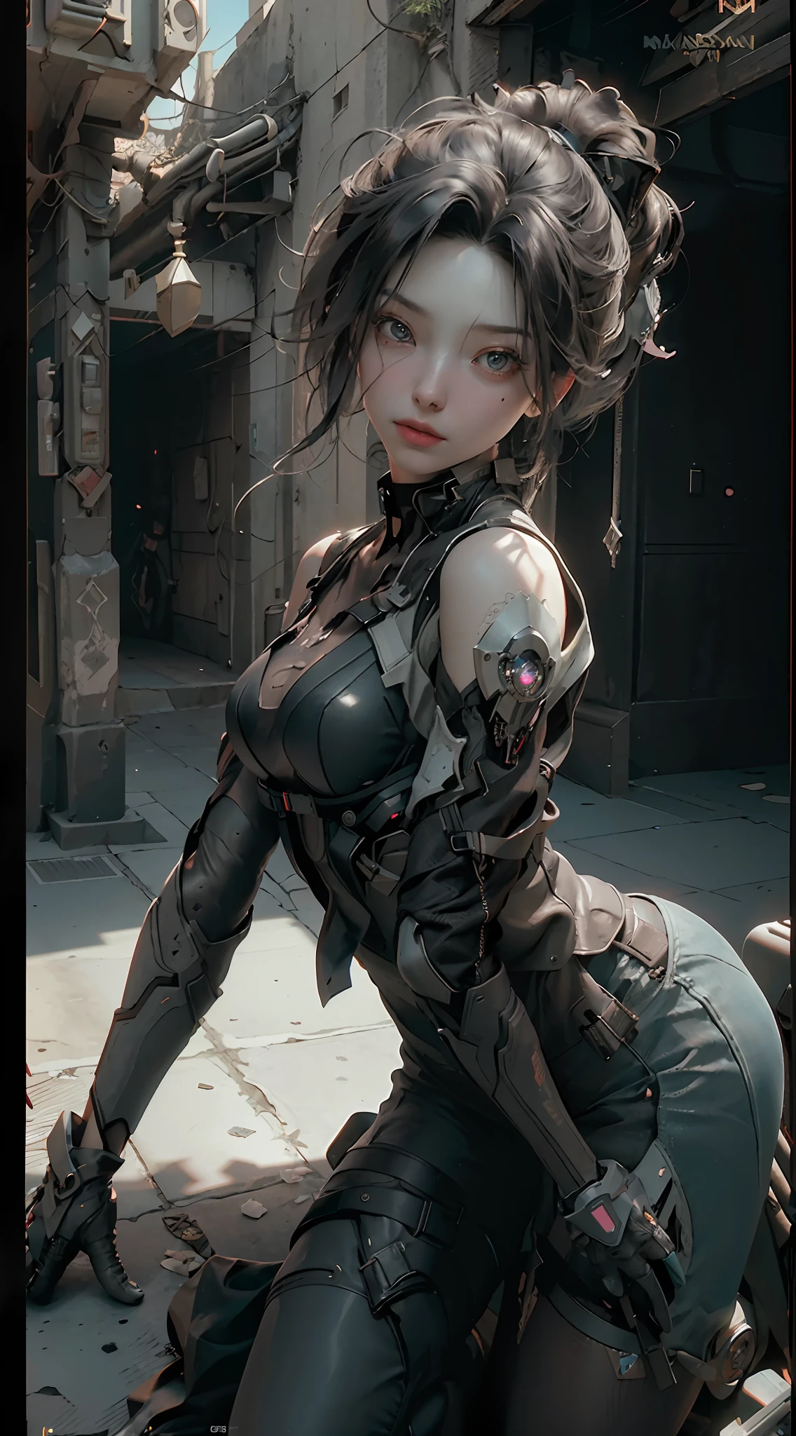 ((Best quality)), ((masterpiece)), (detailed:1.4), 3D, an image of a beautiful cyberpunk female,HDR (High Dynamic Range),Ray Tracing,NVIDIA RTX,Super-Resolution,Unreal 5,Subsurface scattering,PBR Texturing,Post-processing,Anisotropic Filtering,Depth-of-field,Maximum clarity and sharpness,Multi-layered textures,Albedo and Specular maps,Surface shading,Accurate simulation of light-material interaction,Perfect proportions,Octane Render,Two-tone lighting,Wide aperture,Low ISO,White balance,Rule of thirds,8K RAW,