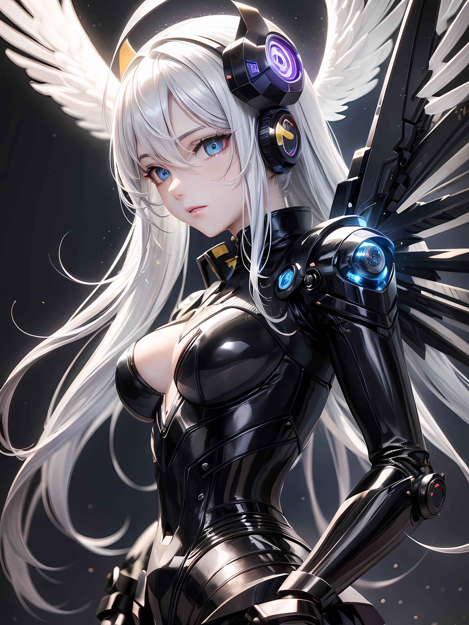 (Angel + Robot + Scorpion) × 1.3, long white hair, unfolded light wings, feather details, light halo, high-tech punk atmosphere on the background, bright eyes, highest image quality, highest resolution, masterpiece, cinematic lighting