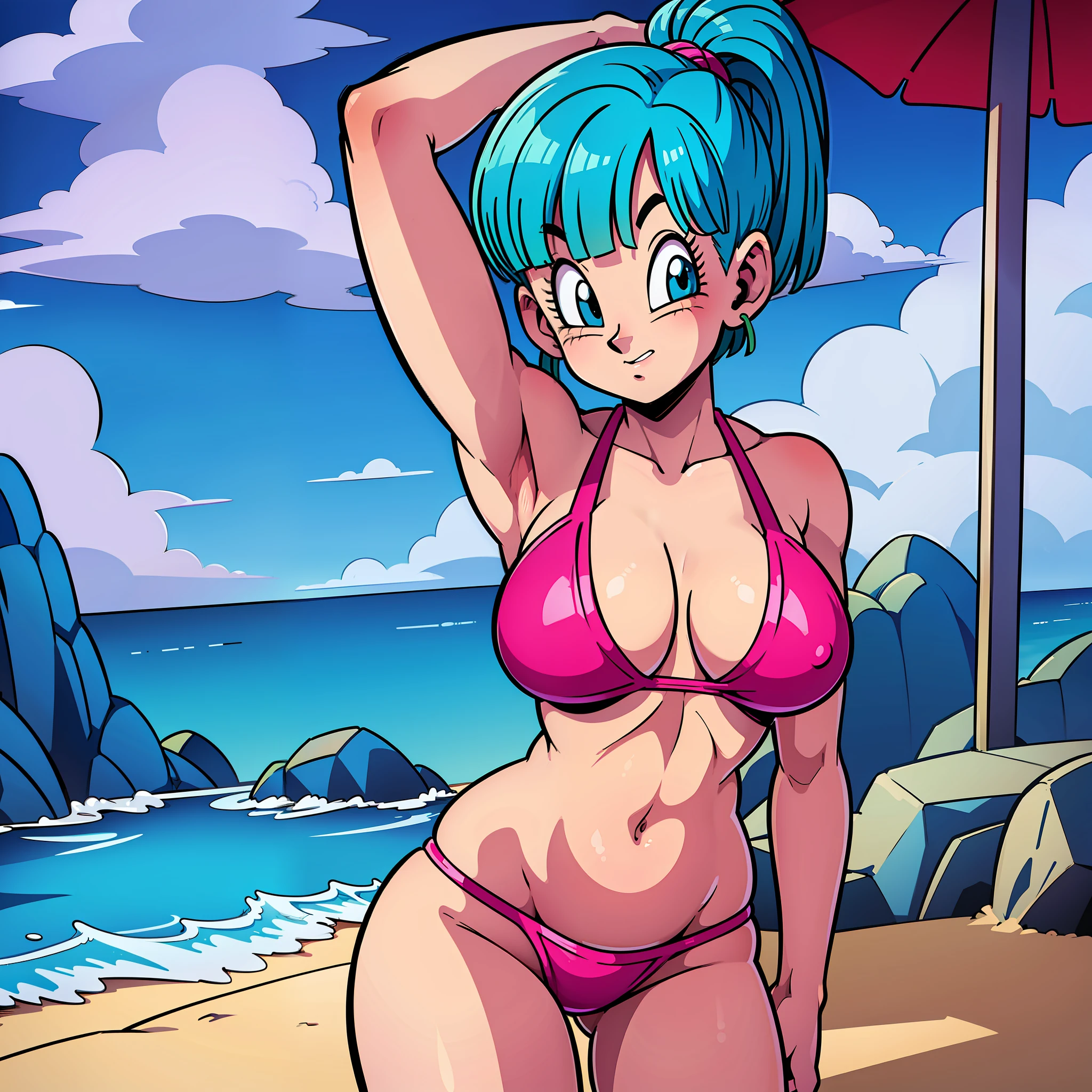 Bulma, sketch, 1girl, solo, breasts, bikini, bangs, beach, Dragon ball z, stripping, colored box background, big breasts, cleavage