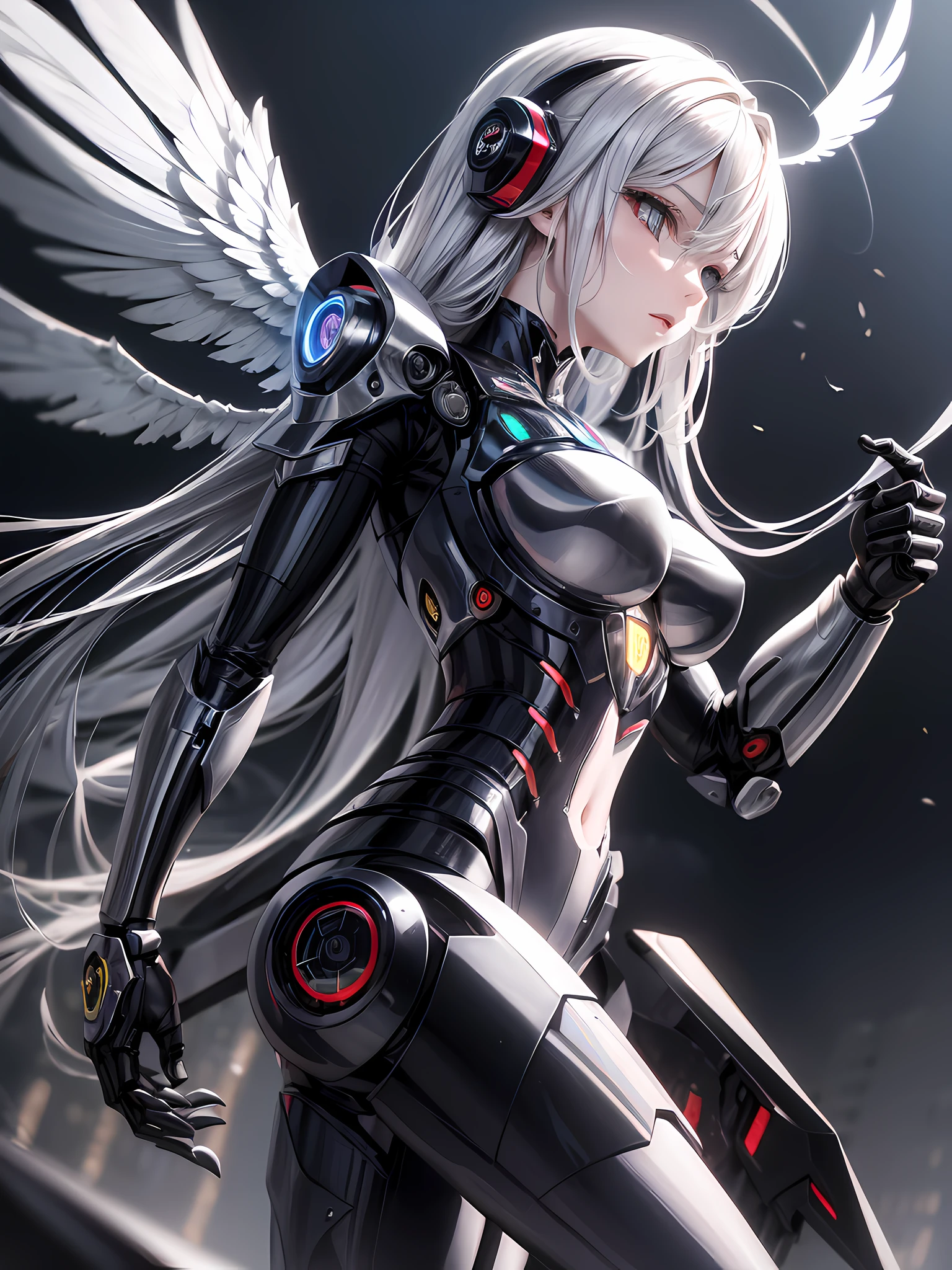 (Angel + Robot + Scorpion) × 1.3, long white hair, unfolded light wings, feather details, light halo, high-tech punk atmosphere on the background, bright eyes, highest image quality, highest resolution, masterpiece, cinematic lighting