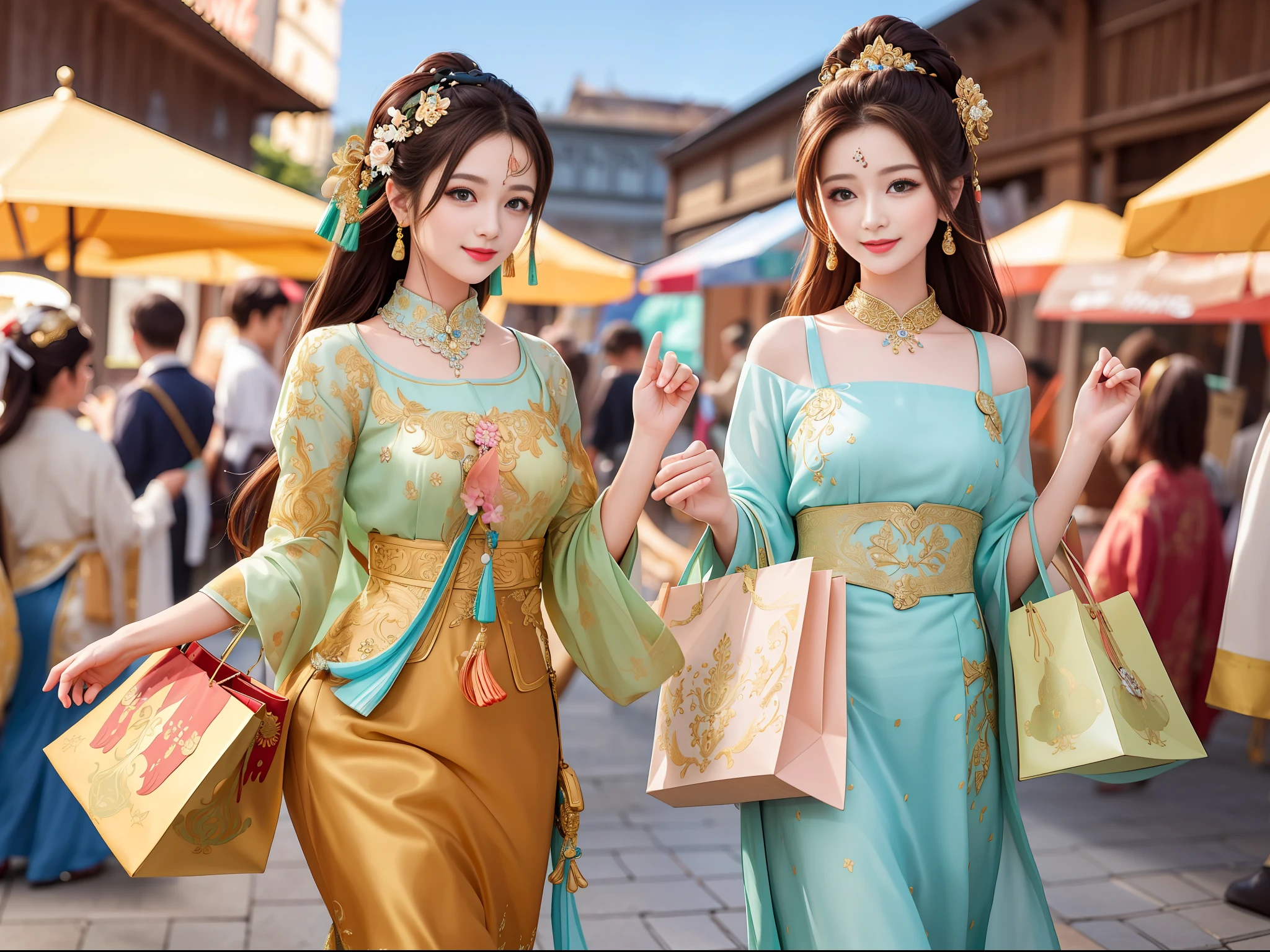 (((best quality))),(((ultra detailed))),(((masterpiece))), illustration, Several ancient beauties dressed in gorgeous costumes joyfully shop in a market in ancient times, carrying small baskets and cloth bags filled with items. The market is full of various goods, making them overwhelmed with choices. Full shot body photo of the most beautiful artwork in the world featuring ancient beauties shopping in a market, smiling, colorful costumes, traditional, cultural, historical, nostalgic, intricate details, high resolution, trending on social media, Instagram-worthy, oriental, elegant, exquisite, graceful, beauty, shopping spree. .beautiful face