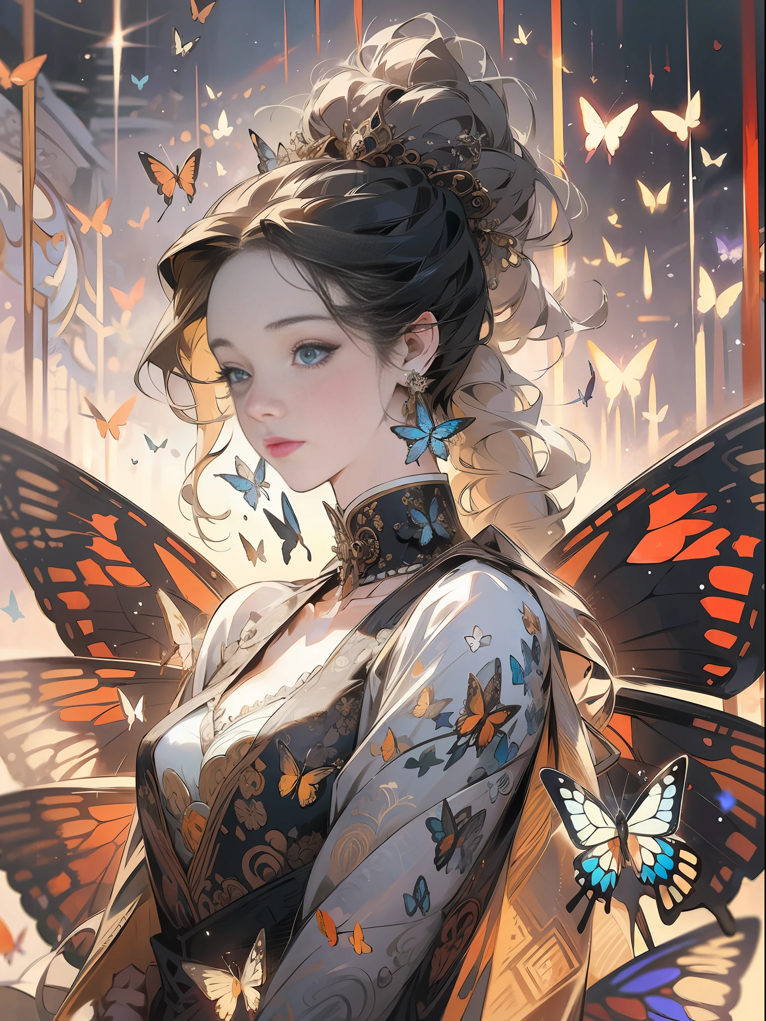 a woman sits on a runway with a ruffled dress and two butterflies on it, in the style of alexander mcqueen, distinctive noses, i can't believe how beautiful this is, rococo-inspired details, white and black, ethereal symbolism, patterns --niji 5 --v 5