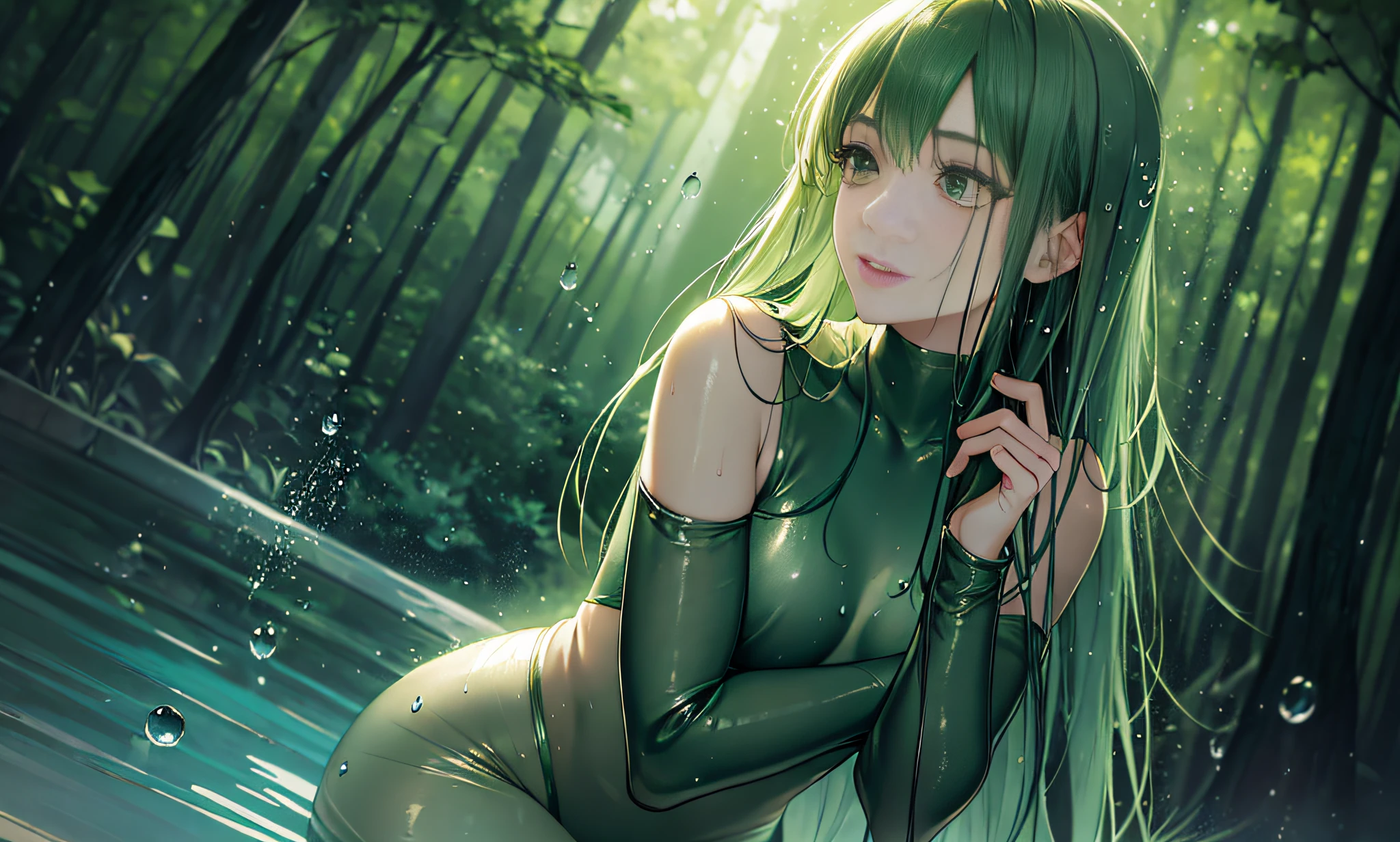 In the forest, a girl, long hair, delicate makeup, green eyes, beautiful facial contours, wet clothes, silk green tights, side backlight, transparent, mysterious, sexy, there are also water droplets on the body, damp hair, moist lips, standing in a pool, task focus, low angle,