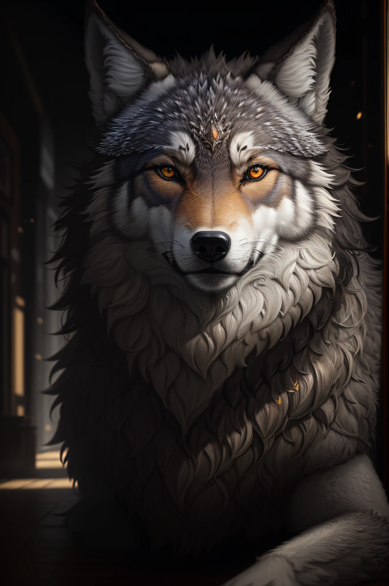 masterpiece, best quality, (finely detailed wolf)), (very detailed CG unified 8k wallpaper), (very detailed CG unified 8k wallpaper), Ed Blinkey, Atey Ghailan, professional majestic oil painting by Studio Ghibli, Jeremy Mann, Greg Manchess, Antonio Moro, trends on ArtStation, Midjourney and Greg Rutkowski's trends on CGSociety, complexity, high detail, sharpness, Dramatic, realistic art of painting
