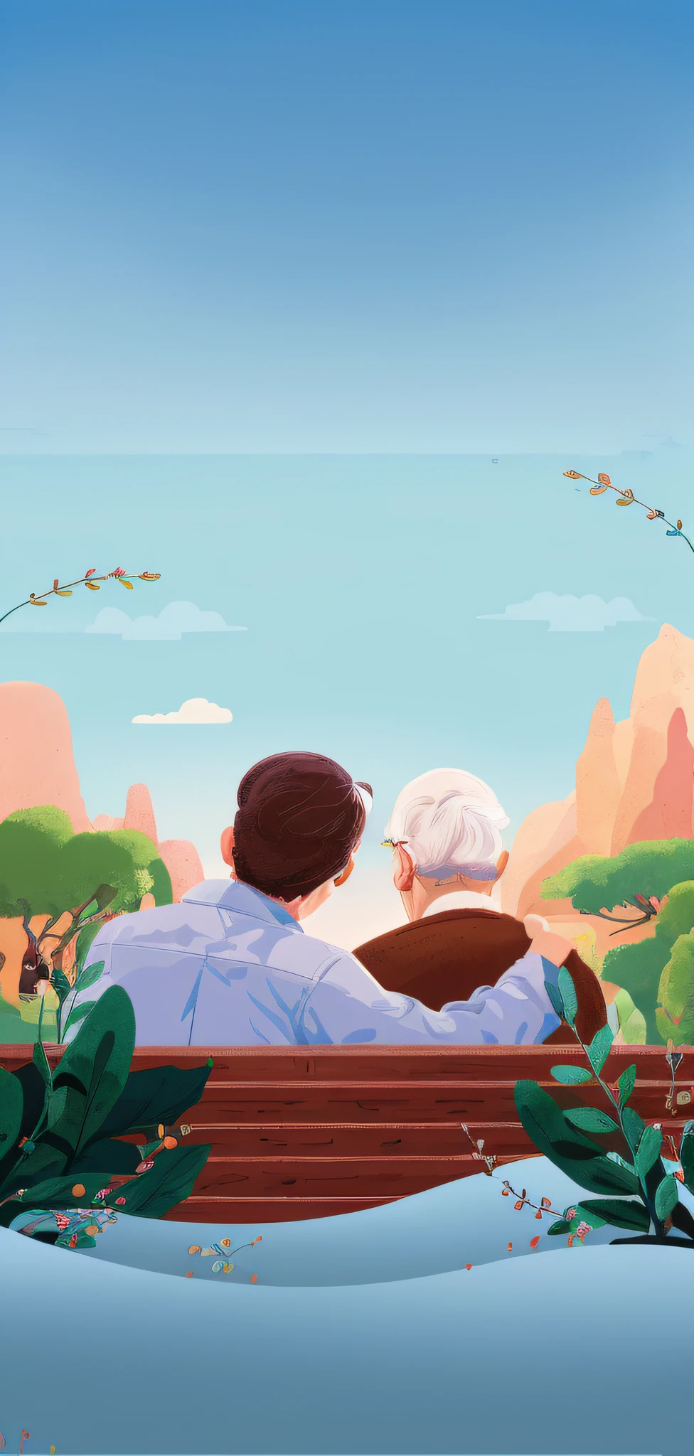 there is a man and a woman sitting on a bench, 2d illustration, 2 d illustration, two old people, 2d matte illustration, detailed 2d illustration, in a scenic background, background art, serene illustration, a beautiful artwork illustration, flat illustration, background artwork, random background scene, from the distance, mobile wallpaper, comforting, 4 k hd illustrative wallpaper