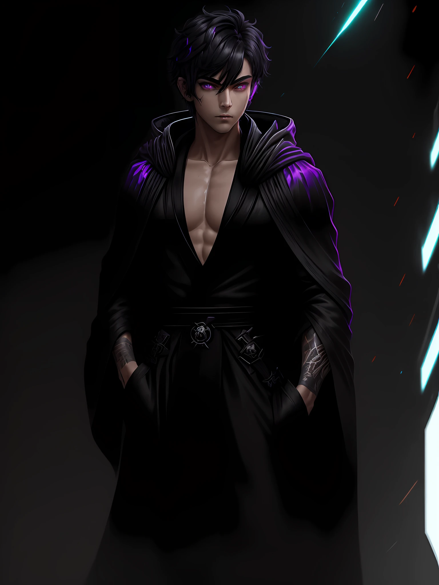 Cyberpunk male, fantasy world, dark background, clean design, epic instagram, artstation, colorful paint splatter, silhouette, hyper detailed intricate details, unreal engine, fantasy, intricate details, splash screen, complementary colors, Fantasy concept art, 8k resolution, deviantart masterpiece, oil painting, heavy strokes, paint dripping, (isolated on white background: 1.3), rainbow skin, (((handsome young man))), ((teenage:1.5) ), (glowing purple eyes), ((light eyes)), ((((short black hair: 1.1))), ((black clothes)), (prince\\(indifferent expression\\),, ( ((Wears high detail luxurious black robe))), black hair, (chest) --v 6
