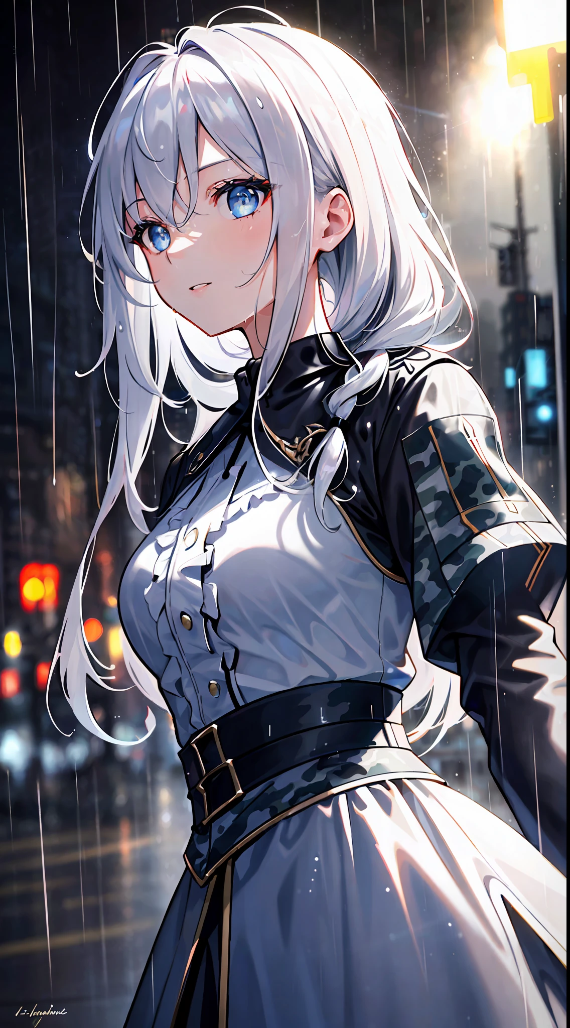 (masterpiece:1.21), (best quality:1.331), (ultra-detailed), (extremely best illustration), ((amazing)), (hyper quality), gorgeous and rich graphics, (extremely beautiful and beautiful:1.21), 8k, wallpaper, (beautiful lighting), bright light, detailed composition, ( Perfect Composition), (Beautiful Detailed Background:1.21), Rembrandt style light and shadow expression, Dark tones, (Low key and high variance color scale), ((Depth of field)), Deep shadows, Dynamic angles, From the side, upper body, radial blur, rain, (City lights, blurred background), (1girl), (Beautiful detailed eyes), Clear blue eyes, Long silver French braids, camouflage clothing, transparent, wet clothes, wet skin and wet hair, lens flare, string lights, street, masterpiece, best quality,