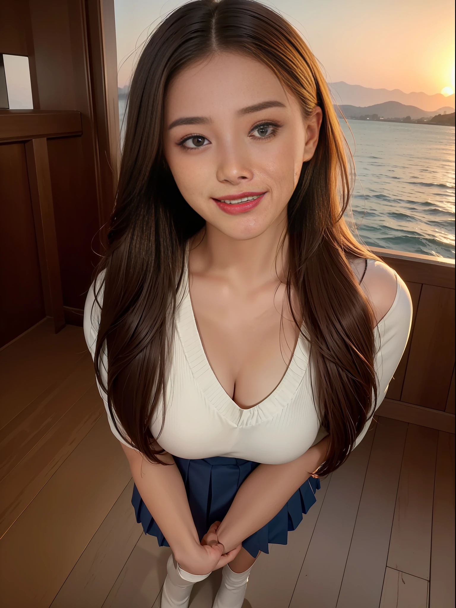 Highest quality, full body detail, golden ratio, (theater lighting: 0.7), masterpiece, viewer angle shot, beautiful smile, ( tanned, alluring 18 years old) ( AdreaLee ), looking straight mysteriously happy, standing on the sea side, curvy body (wearing school uniform), long brown messy straight hair, sunset, full body portrait, perfect face, amazing eyes, vivid details, (highly detailed skin), accent lighting, depth of field, old camera, conscious, digital grain, war photography, dogs perspective view angle photoshoot, from bottom to top