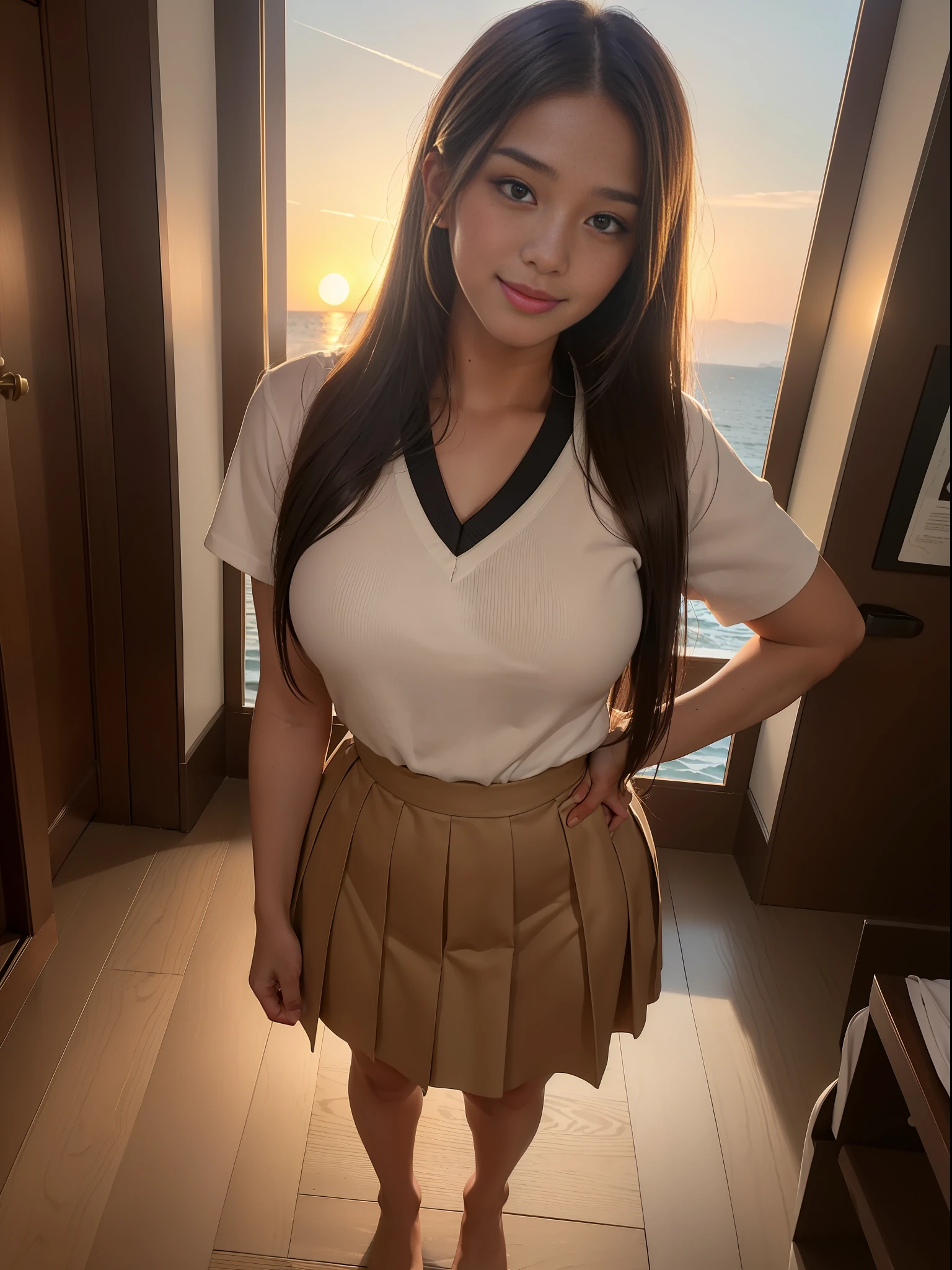 Highest quality, full body detail, golden ratio, (theater lighting: 0.7), masterpiece, viewer angle shot, beautiful smile, ( tanned, alluring 18 years old) ( AdreaLee ), looking straight mysteriously happy, standing on the sea side, curvy body (wearing school uniform), long brown messy straight hair, sunset, full body portrait, perfect face, amazing eyes, vivid details, (highly detailed skin), accent lighting, depth of field, old camera, conscious, digital grain, war photography, dogs perspective view angle photoshoot, from bottom to top