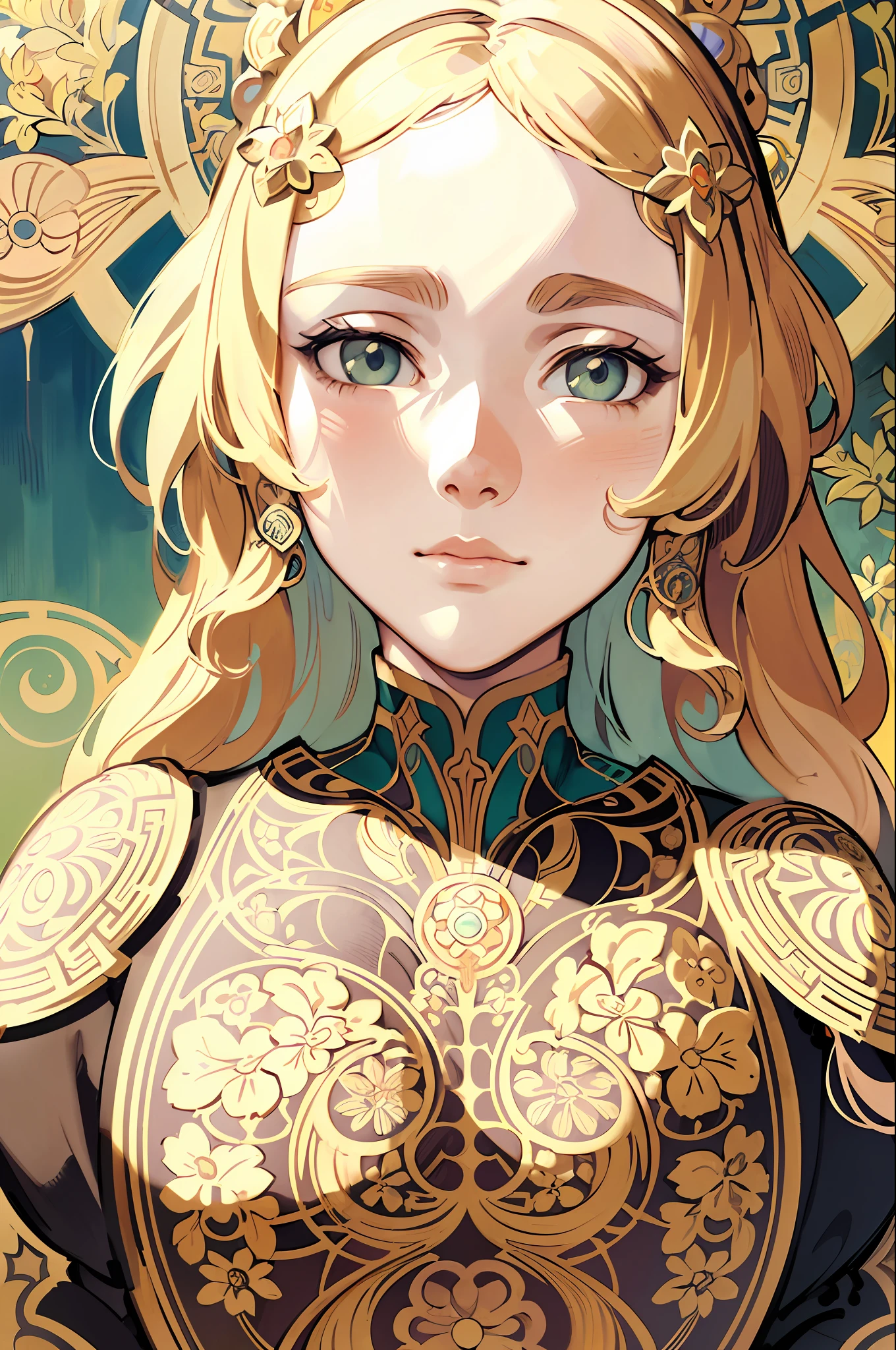face portrait of a European female , long curly hair, blond, floral frame, Decorative panels, abstract
artistic, by Alphonse Mucha
(Masterpiece, Best Quality, Highres:1.4), Detailed, Intricate Details, 4K, color splashes, line art, fibonacci,