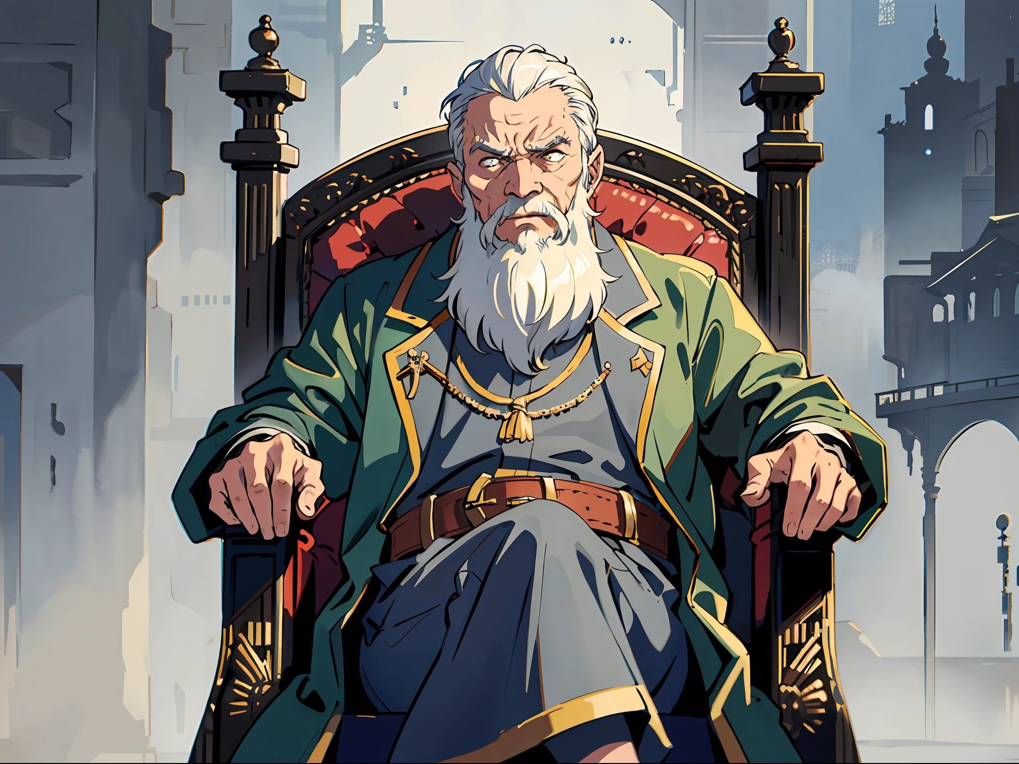 1 old man, man, gray hair, wrinkled, sitting on a throne, frowning, angry, Luxurious palace in the background