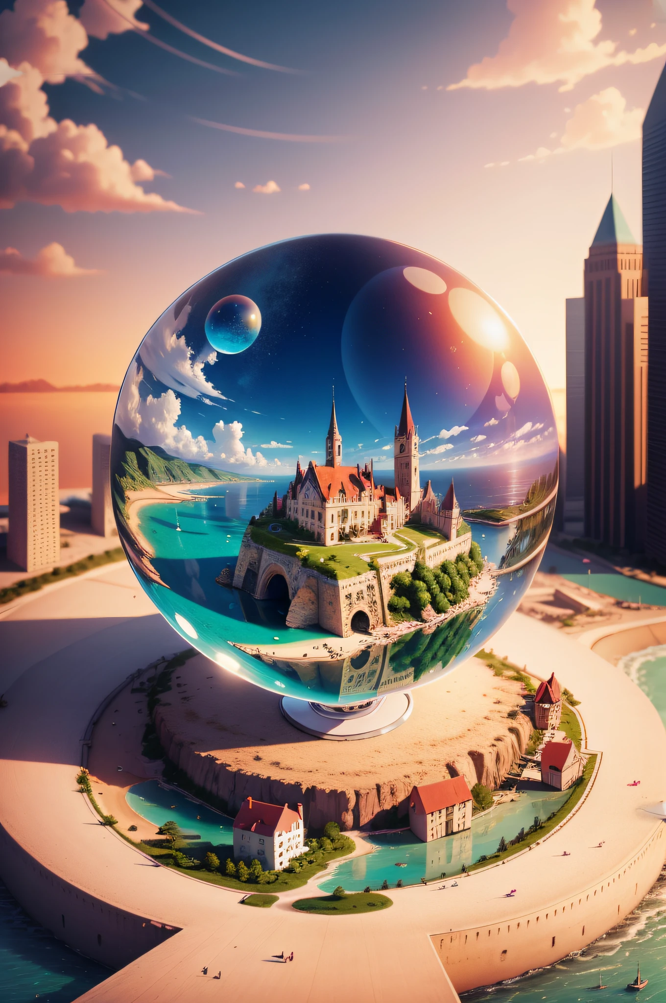 mini\(ttp\), (8k, RAW photo, best quality, masterpiece:1.2), colorful background, clean background, depth of field, floating islands, cities, miniature, landscape, isometric, in Crystal ball,