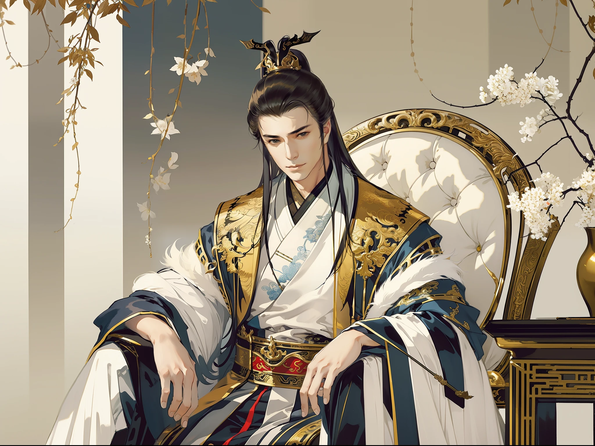 A handsome man in ancient China, sharp eyes, clear facial features, wearing Han clothes, sitting on a throne, empty palace, kingly temperament, full body portrait, clear face, beautiful eyes, masterpiece, super detailed, epic composition, super HD, high quality, highest quality, 32k