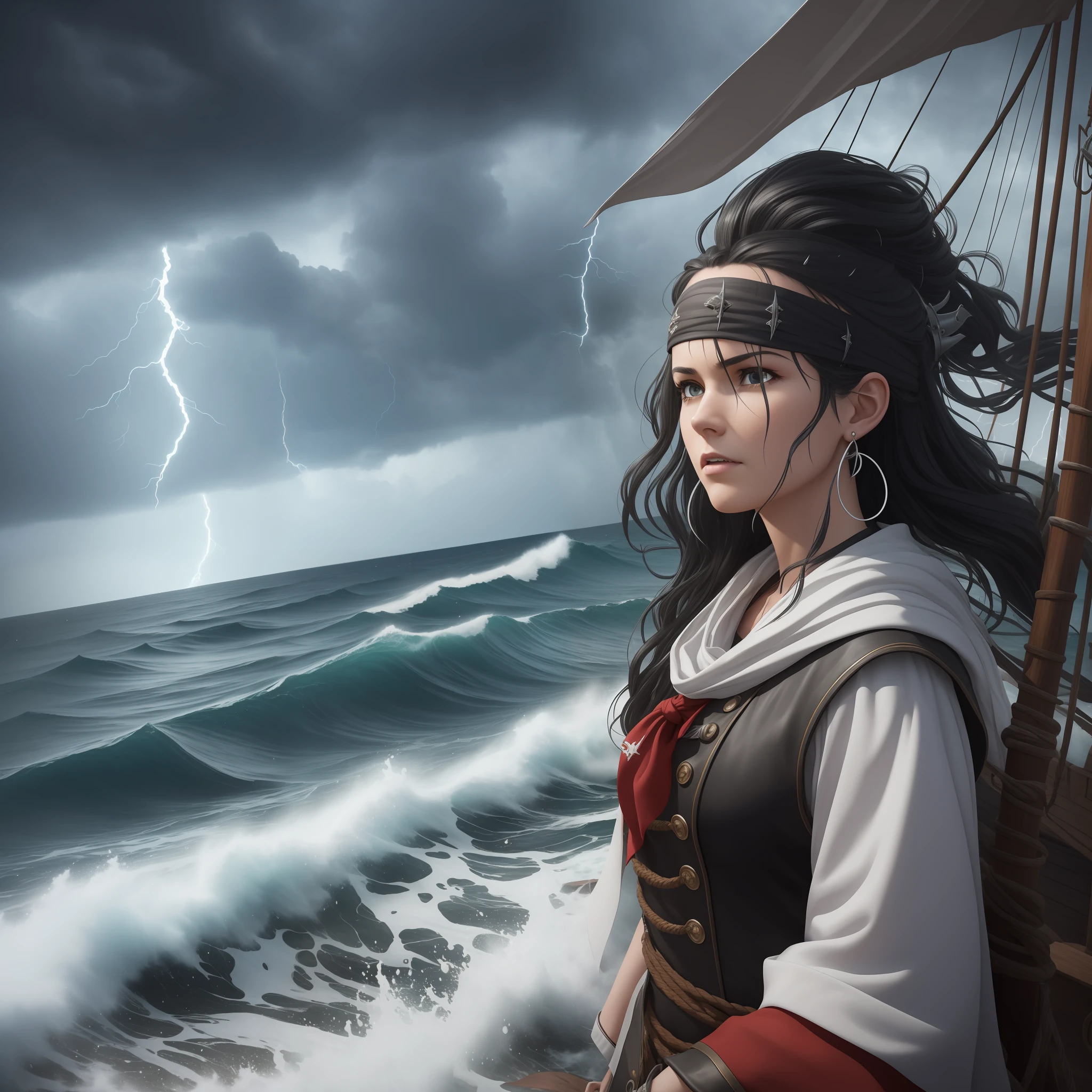 (extremely detailed CG unity 8k wallpaper, masterpiece, best quality) 
[pirate ship: 1.3,stormy sea: 1.2,whitecaps,monochrome](1 girl) 
[black hair,red bandana,an eye patch,hoop earring,scars on her face:1.2] 
(winding, choppy waves),(dark clouds),(lightning bolts),(white rain sheet), 
[angry ocean spray, dramatic feel:1.2]