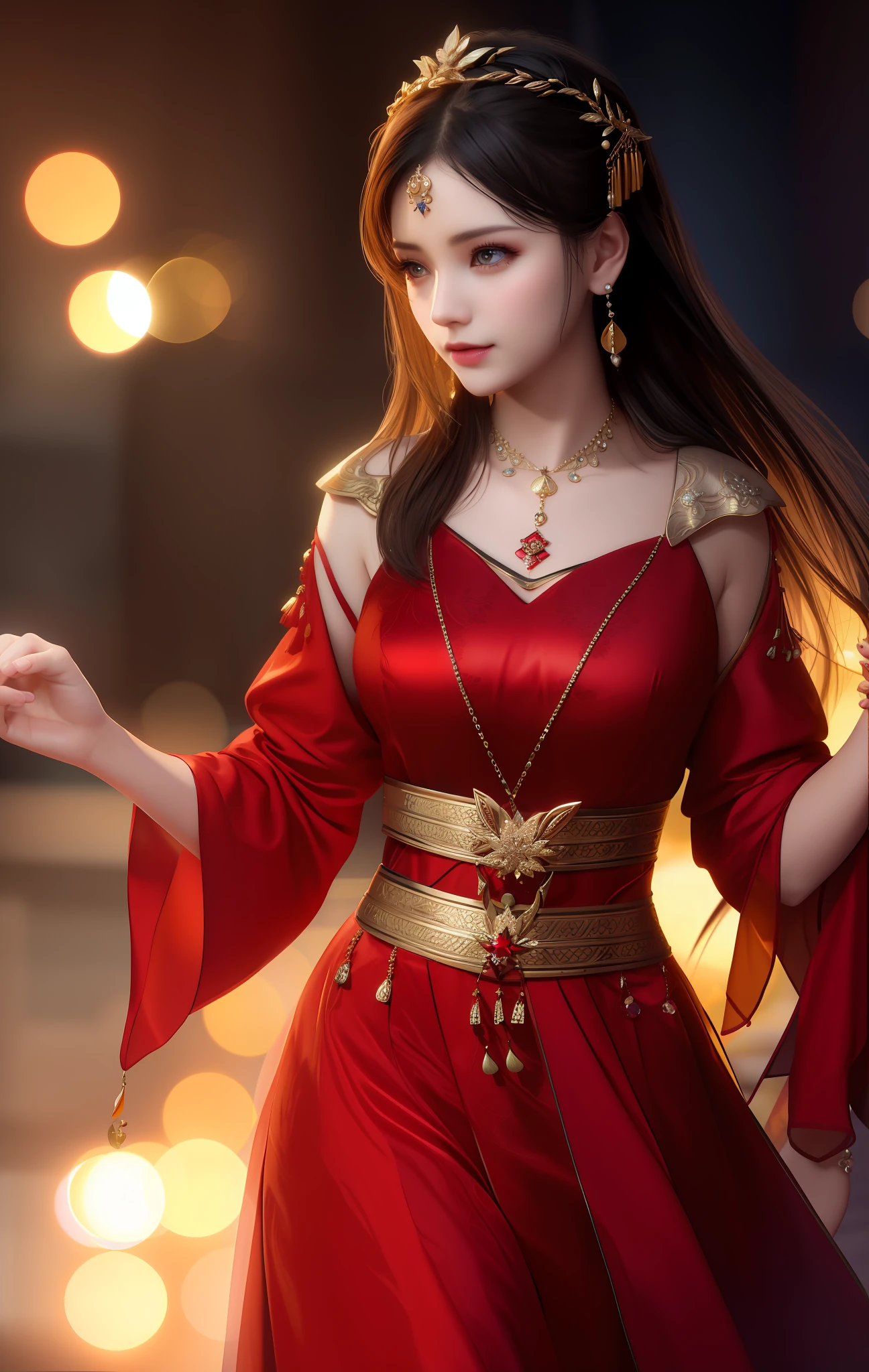 Best Quality, Masterpiece, High Resolution, 1 Slavic Type Girl, Red Porcelain Dress, Hair Ornament, Necklace, Jewelry, Beautiful Face, On Body, Tyndall Effect, Photorealistic, Dark Studio, Bezel Lighting, Two-Color Lighting, (High Skin Detail: 1.2), 8K UHD, DSLR, Soft Lighting, High Quality, Volumetric Lighting, Candid, Photography, High Resolution, 4K, 8K, Bokeh