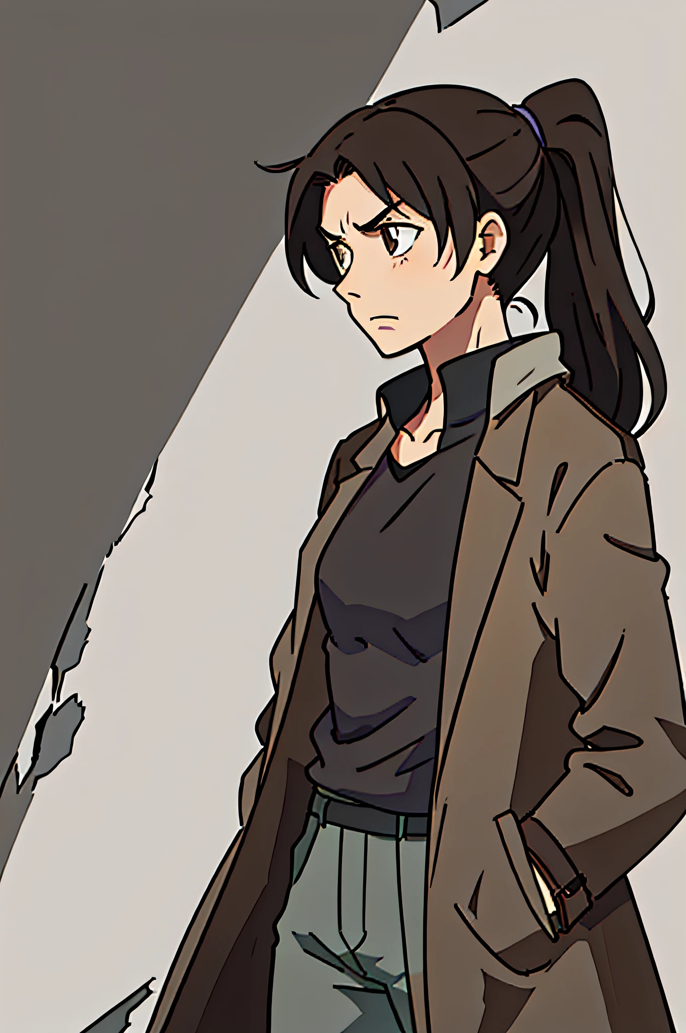 (best-quality:0.8), broken introspective perfect anime illustration, solo, an old woman with a brown ponytail and brown eyes, dark trenchcoat, messy hair, front view, neutral colors, simple colors, dark and moody, female version of wolverine