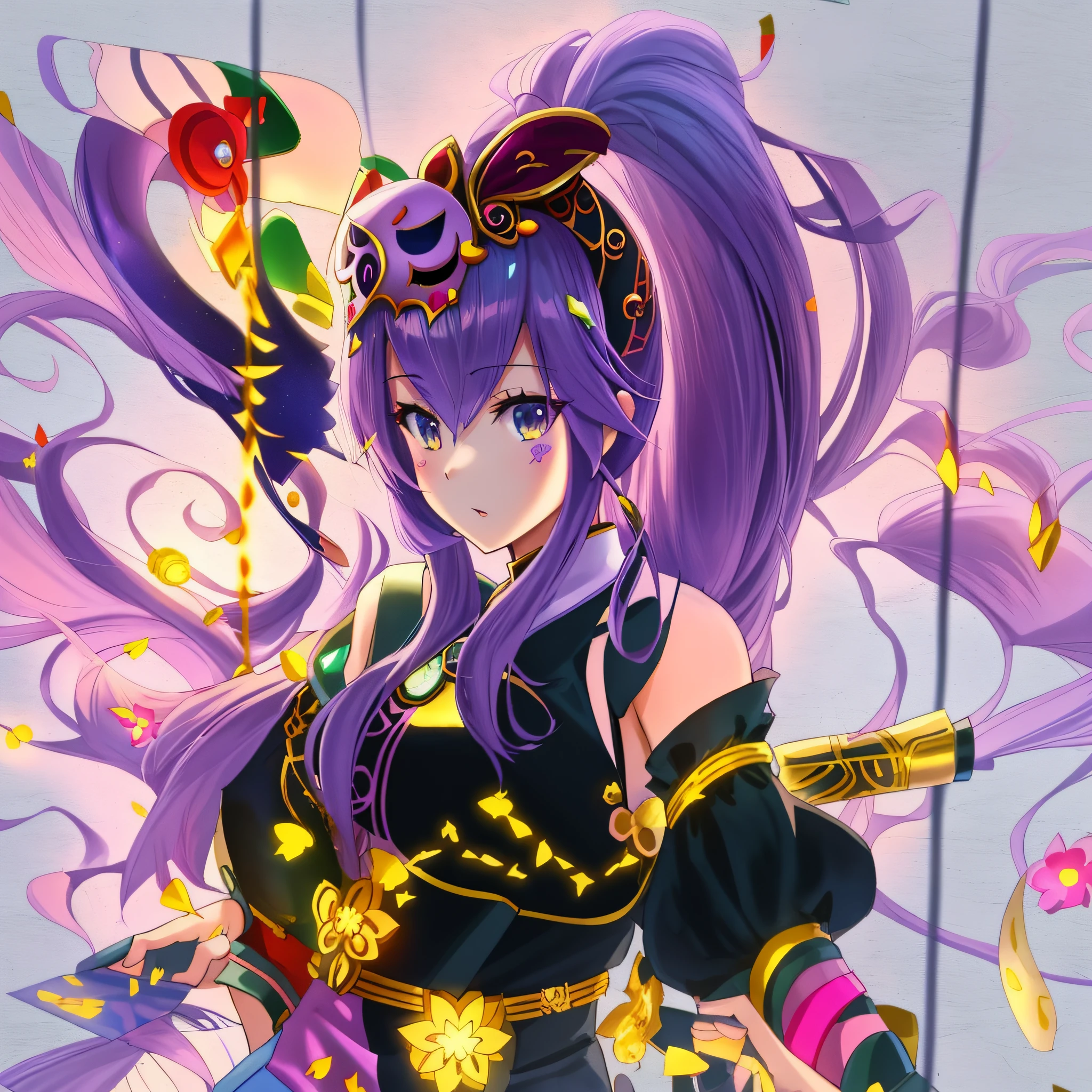 anime girl with long hair and a mask on her head, anime in fantasy style, anime style illustration, anime art nouveau, anime style artwork, anime fantasy illustration, portrait of jinx from arcane, anime style art, anime graphic illustration, anime art style, katana zero video game character, portrait knights of zodiac girl, in no game no life, anime style character