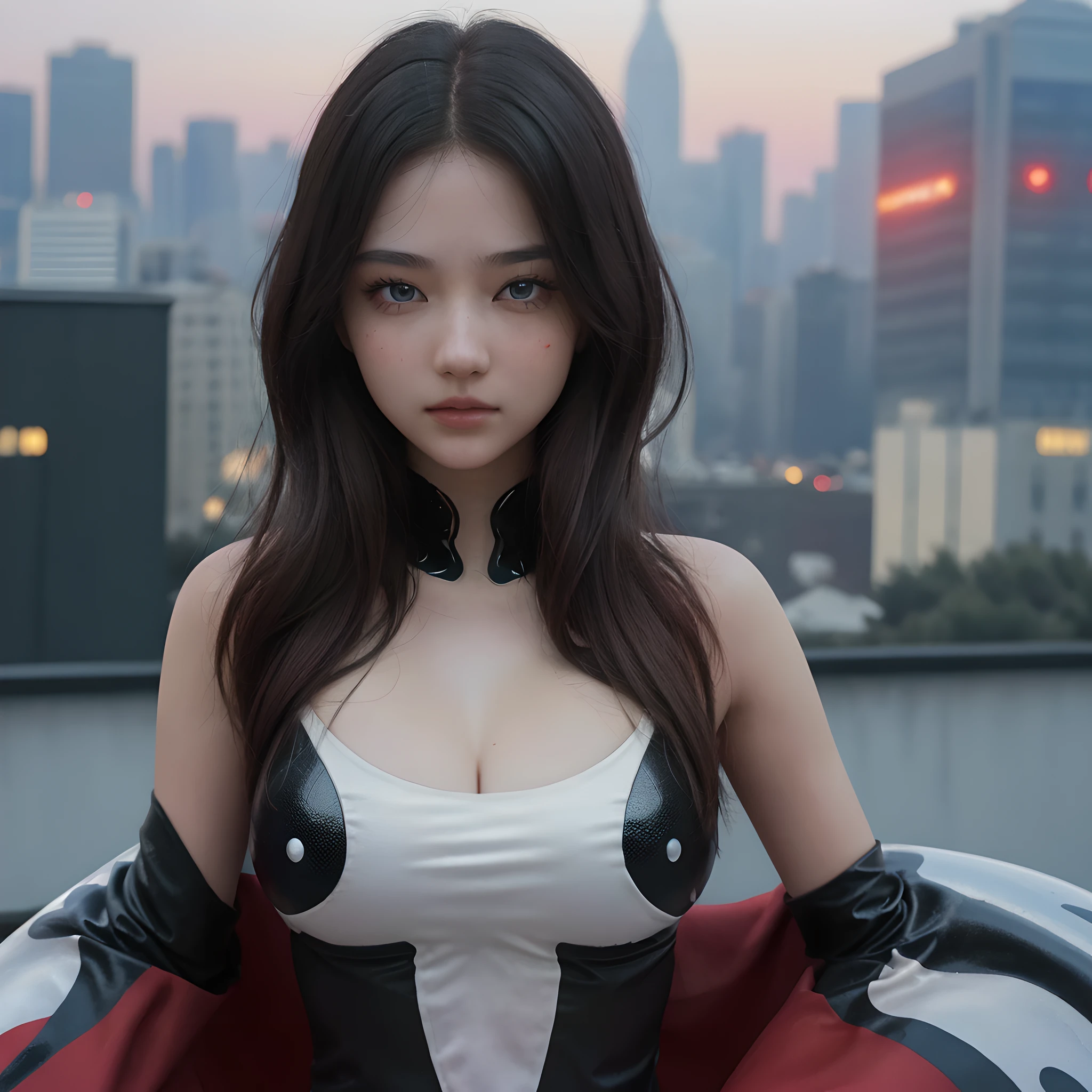 (1girl:1.3), Solo, (((Very detailed face)))), ((Very detailed eyes and face)))), Beautiful detail eyes, Body parts__, ((big breast)), Unified 8k wallpaper, Super detailed, beautiful and beautiful, beautiful, masterpiece, best quality, original, masterpiece, super fine photo, best quality, super high resolution, realistic realism, sunlight, full body portrait, amazing beauty, dynamic pose, delicate face, vibrant eyes, (from the front), She wears venom suit, red and black color scheme, spider, very detailed city roof background, rooftop, overlooking the city, detailed face, detailed complex busy background, messy, gorgeous, milky white, highly detailed skin, realistic skin details, visible pores, clear focus, volumetric fog, 8k uhd, DSLR, high quality, film grain, fair skin, photo realism, lomography, futuristic dystopian megalopolis,