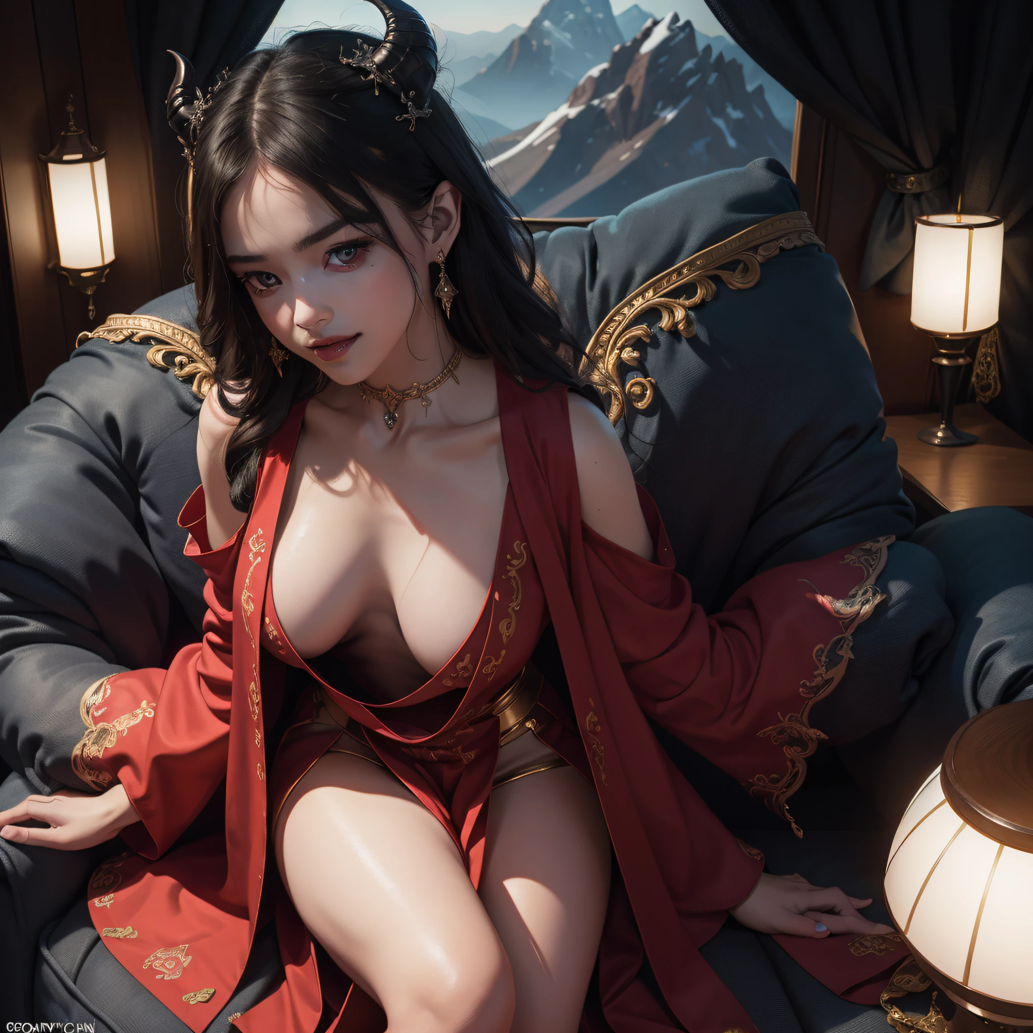 (Extreme Detail CG Unity 8K wallpaper, portrait, masterpiece, highest quality) (in hell, mountains, volumetric lights,) (erotic, sexualized, devilish seducing smile) (Exquisite lighting and shadow, highly dramatic graphics, Cinematic), (succubus, queen of hell, sitting on huge throne, dynamic pose), (excellent detail, outstanding lighting, super wide angle, (50 meters away from the subject,), (excellent rendering) (EROTIC)