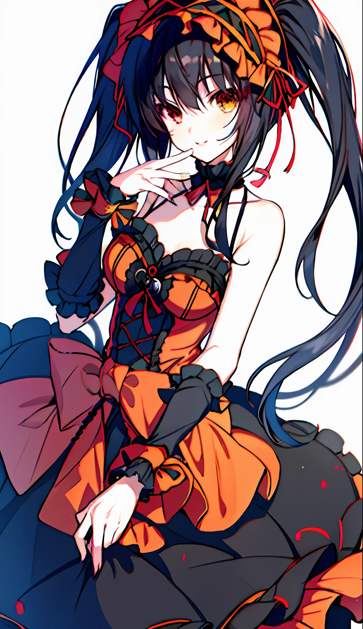 18 Year  Beautiful Girl, Masterpiece, Top Quality, 8K Anime, 1 Girl, Solo, Detailed Fingers, Precise Fingers, Non-Unnatural Hands, Odd Eye, Black Hair Twin Tails, Kurumi Tokizaki,