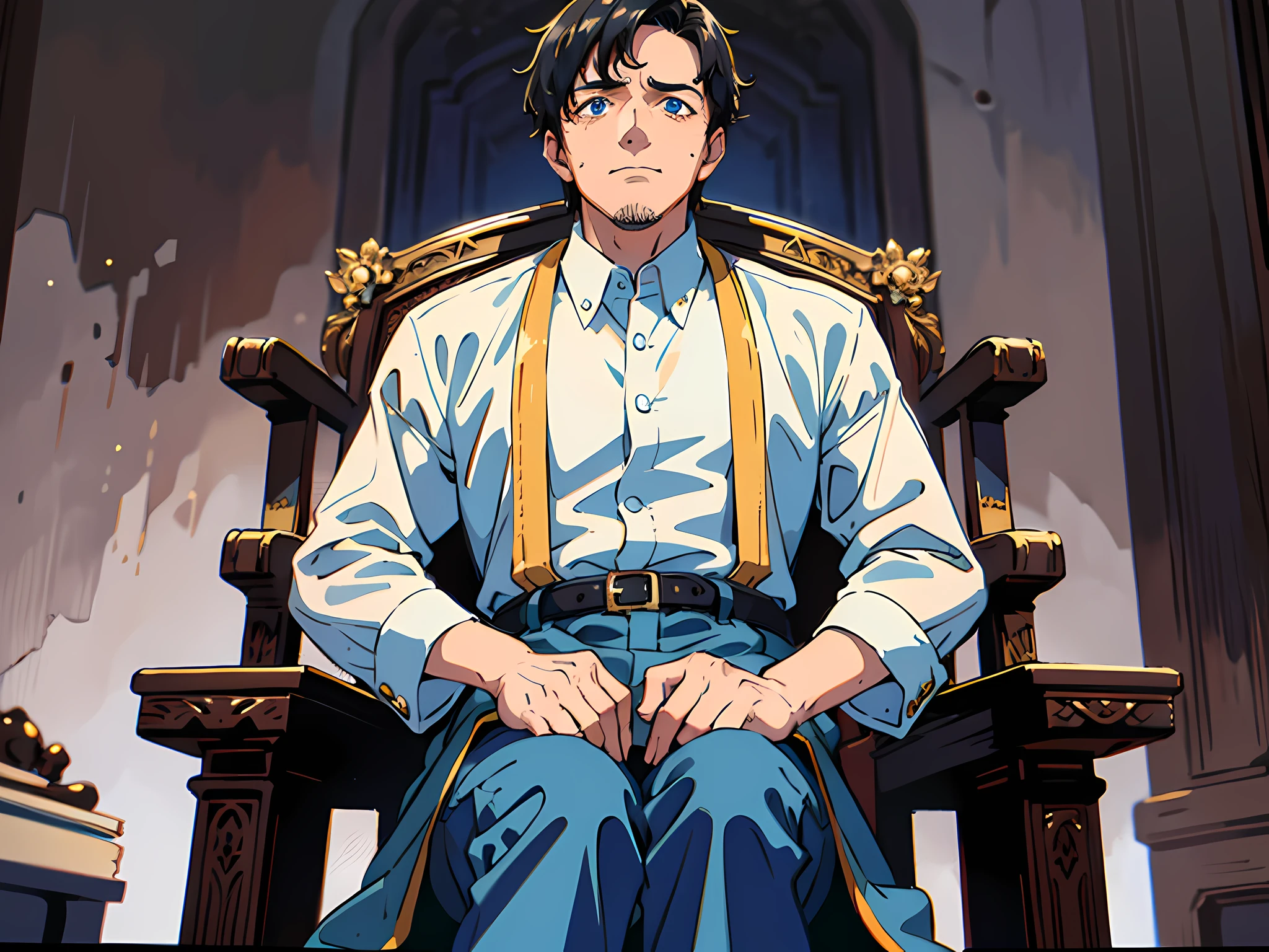1 man holding the leg of the old man crying, handsome, black hair, blue pupils, white shirt, kneeling under the throne, stunned, snotty, surreal
