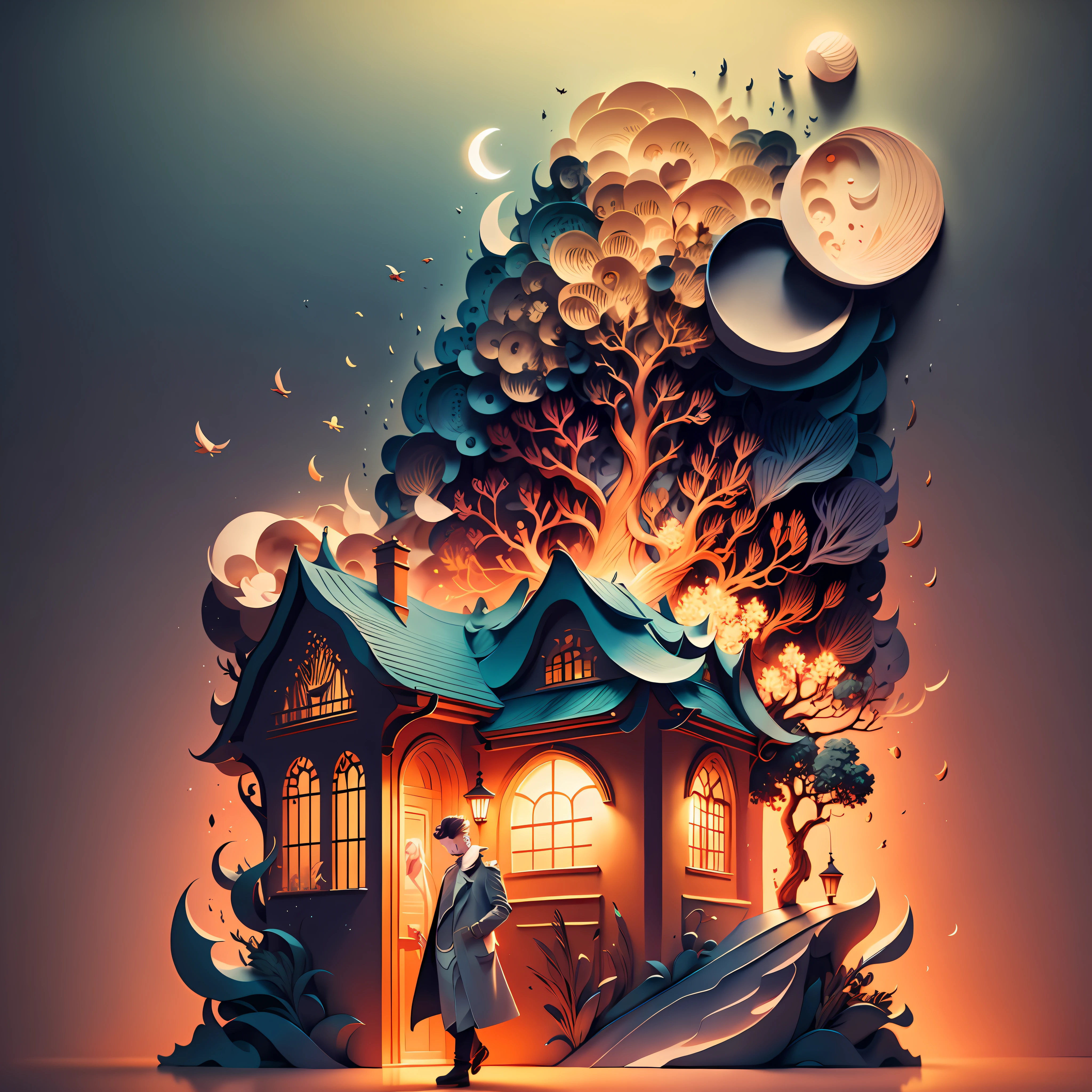illustration of a man standing in front of a house with a tree and moon, in style of cyril rolando, cyril rolando and goro fujita, inspired by Cyril Rolando, a beautiful artwork illustration, stylized digital illustration, intricate 3 d illustration, calm night. digital illustration, stunning digital illustration, cyril rolando and m.w kaluta