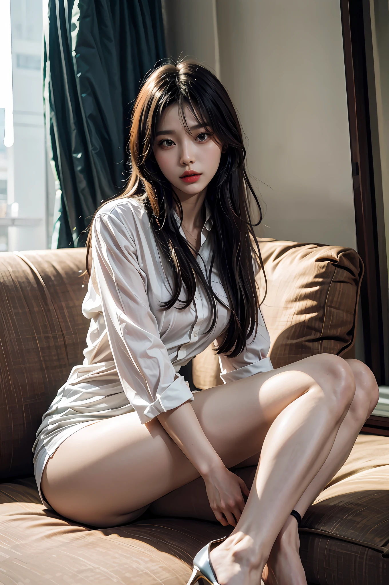 Arad woman sitting on sofa in high heels and white shirt, korean girl, sexy style, gorgeous young korean woman, korean female fashion model, beautiful korean woman, elegant seductive pose, sexy girl, sexy look, photo of slim girl model, korean woman, sexy pose, beautiful korean young woman, smooth white tight clothes suit, very sexy outfit, smooth feet