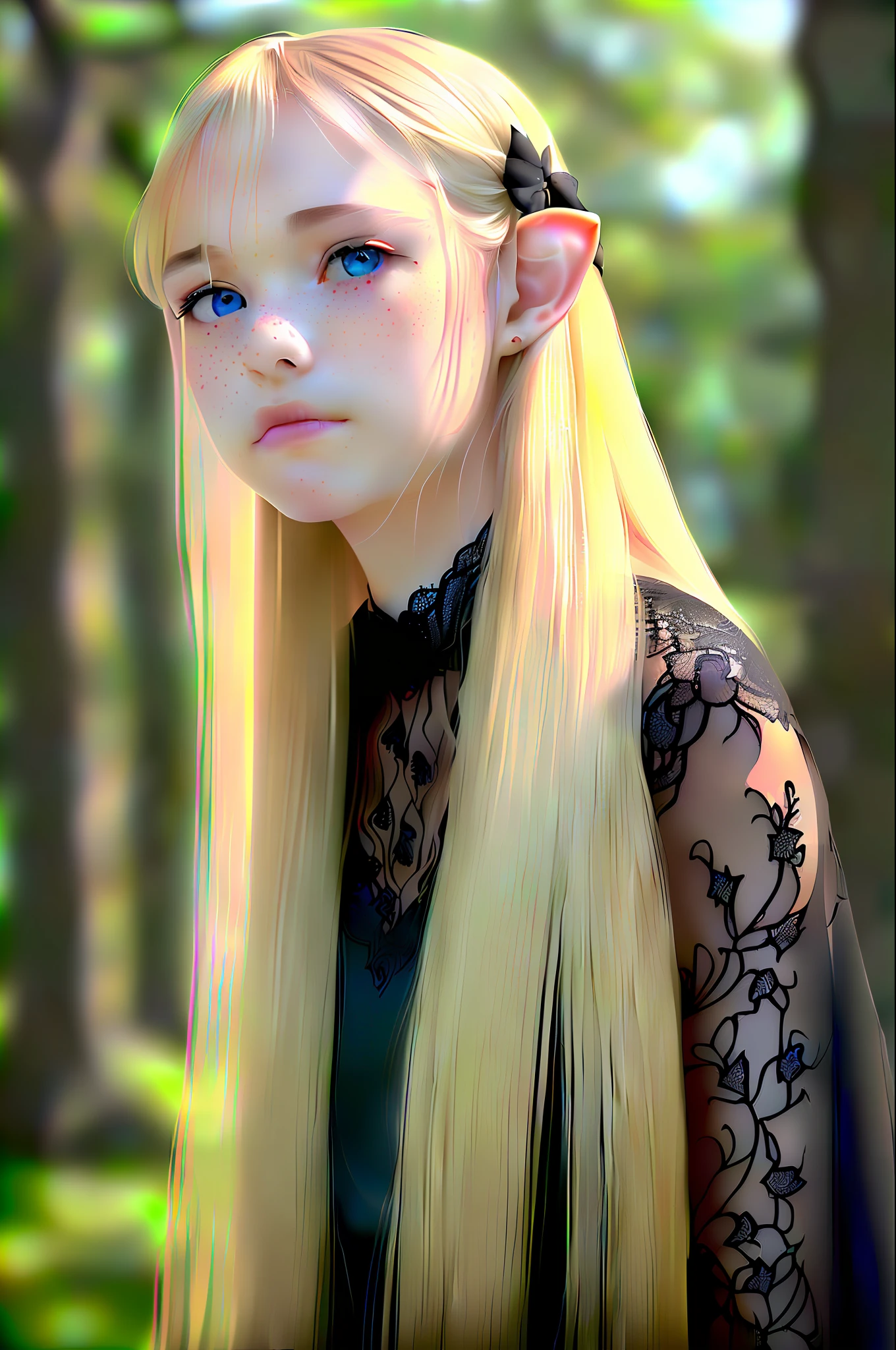 masterpiece, best quality, (realistic:1.3), highest quality, bust shot, cinematic lighting, highly detailed, sharp focus, extremely detailed, ultra realistic, depth of field, bokeh, Global Illumination, volumetric lighting, subsurface scattering, caustics, bloom, [reflections], [shadows],
teenage elf girl wearing a shiny black silk lace kimono, at a (mystical fountain:1.05) in the woods, white clouds, rainbow, very long blonde hair, blue eyes, silk, (lace:1.1), tranparent, freckles, fantasy landscape, gentle smile