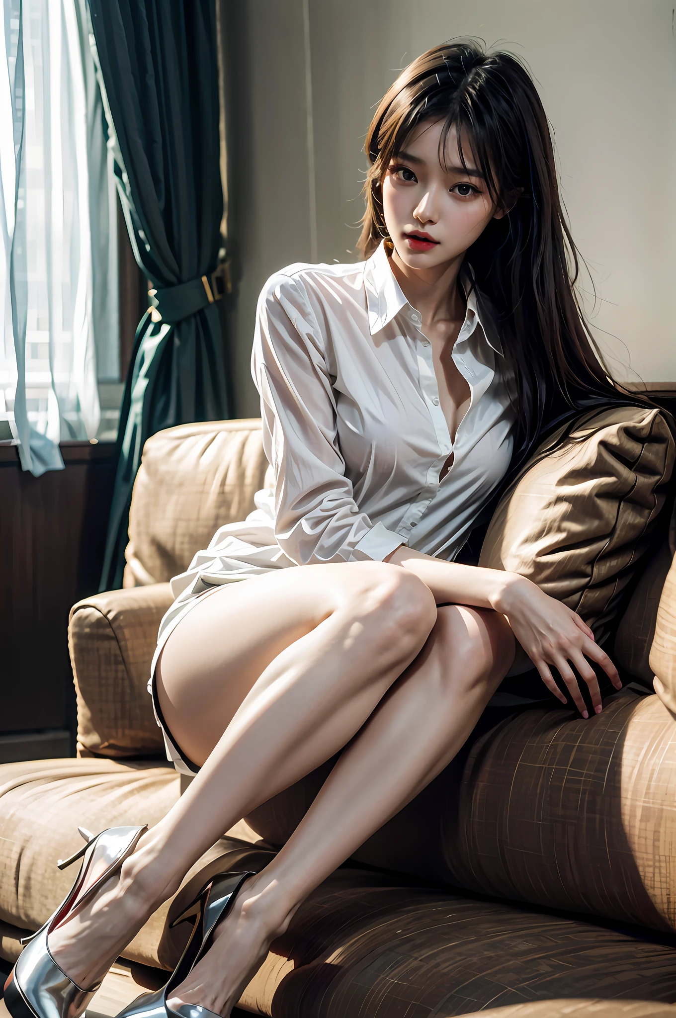 Arad woman sitting on sofa in high heels and white shirt, korean girl, sexy style, gorgeous young korean woman, korean female fashion model, beautiful korean woman, elegant seductive pose, sexy girl, sexy look, photo of slim girl model, korean woman, sexy pose, beautiful korean young woman, smooth white tight clothes suit, very sexy outfit, smooth feet