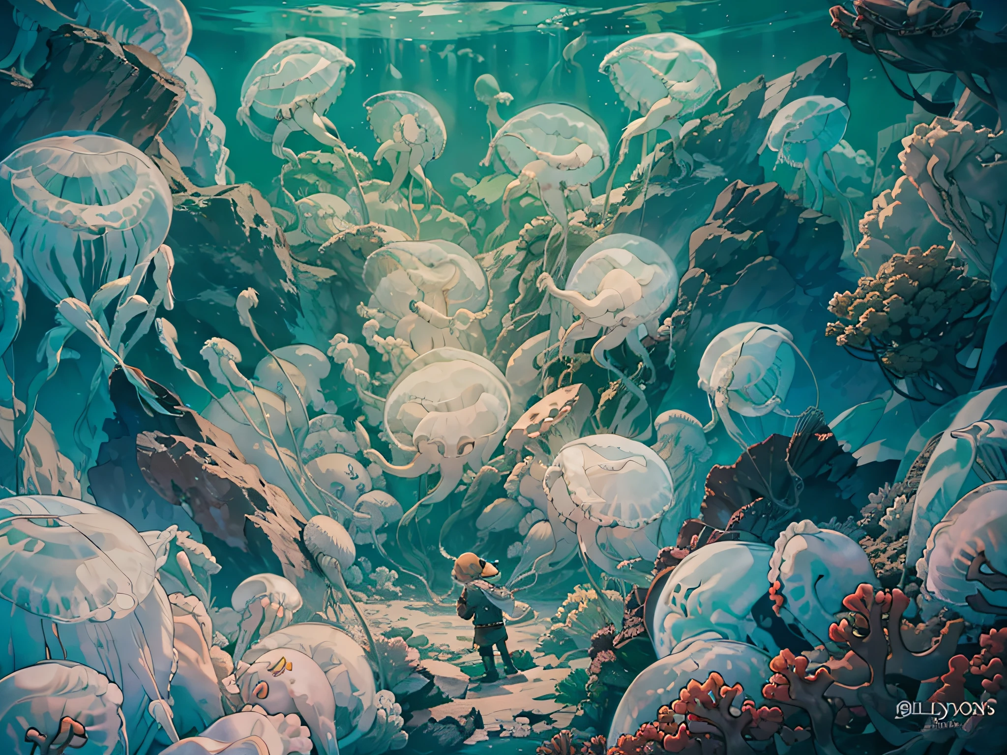 A scene of best quality, masterpiece, very detailed, 8k, wallpaper and fantasy quality,
BREAK
showing undersea environment,
BREAK
where (a boy :1.6) and (a girl :1.6), (many jellyfishes :1.6) and (fishes :1.2) are present,
BREAK
and they are sitting on a rock at the bottom of the ocean and they are staring at each other,
BREAK
with cool colors, cold colors, calm atmosphere, wide shot, 28mm and bird's eye view effects.