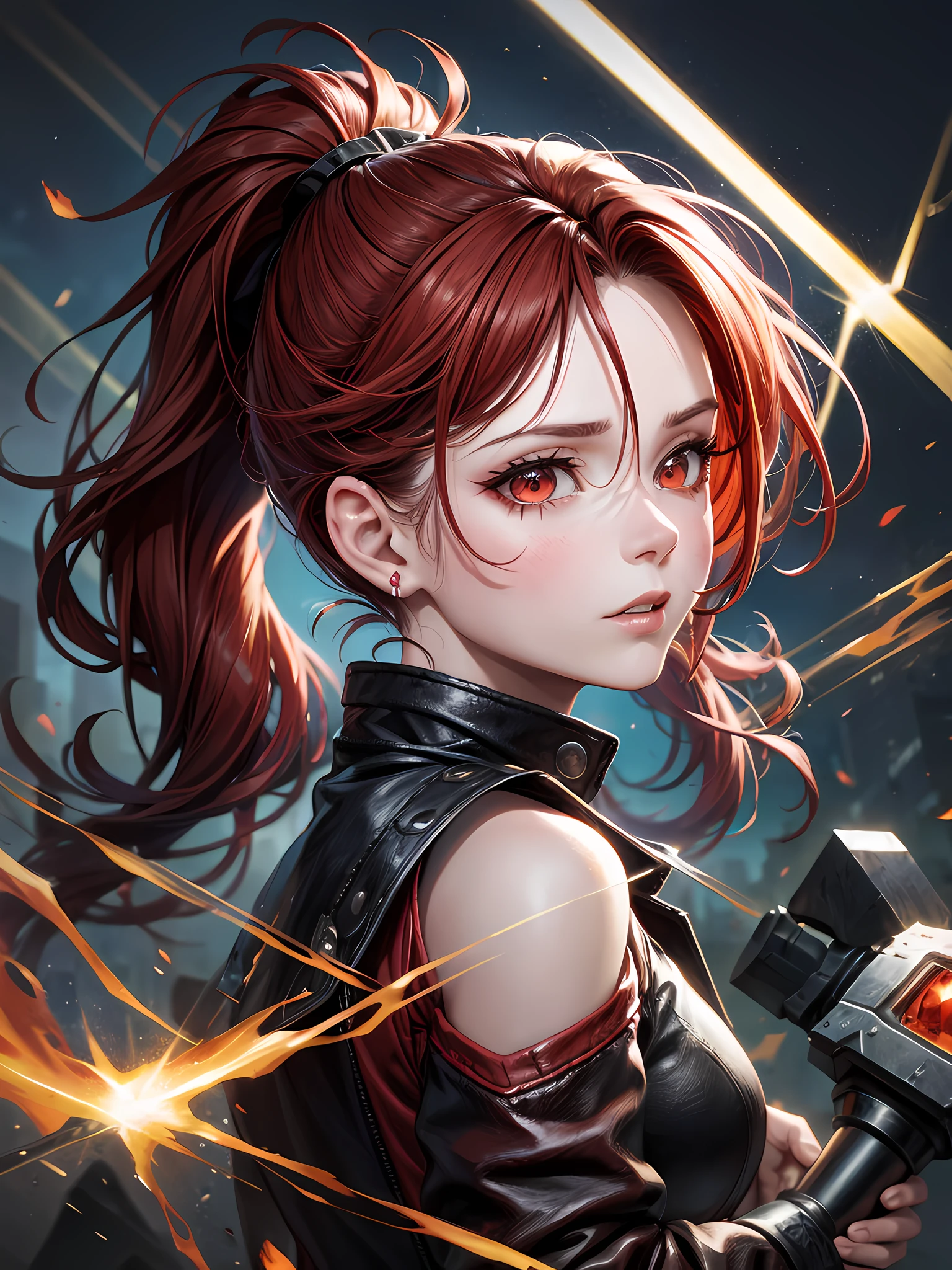 Lori, (Red Double Ponytail)), Crimson Eyes, (Hammer Held High to Smash at Enemies), Hammer, Fire Effect, Red Light Effect, Combat, Dynamic Pose, (Sledgehammer), Red Clothes, Cute, Expressionless, (Face Rift_Fire Effect), (Face Red Pattern), (Face Lava Pattern), Detailed Finger Characterization, High Detail, Highest Resolution, Highest Quality, CG, Detailed Hammer, Detailed Hair Description, Masterpiece, Face with Cracks Full of Fire Marks,