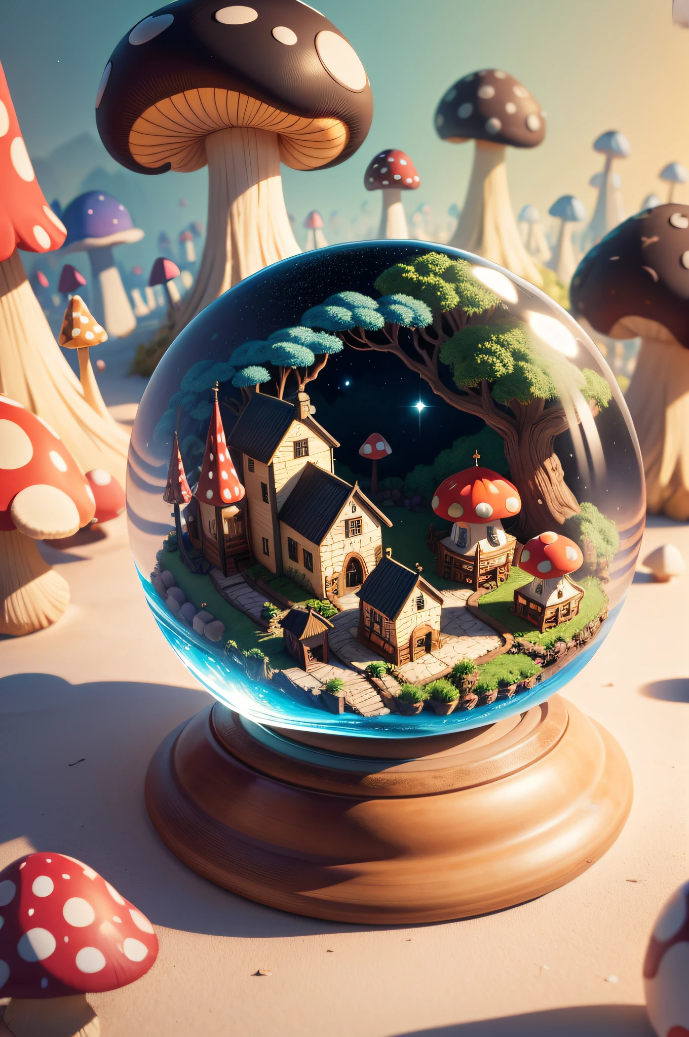 mini\(ttp\), (8k, RAW photo, best quality, masterpiece:1.2), colorful background, clean background, depth of field, glowing mushroom, mushroom village, miniature, landscape, isometric, in Crystal ball,