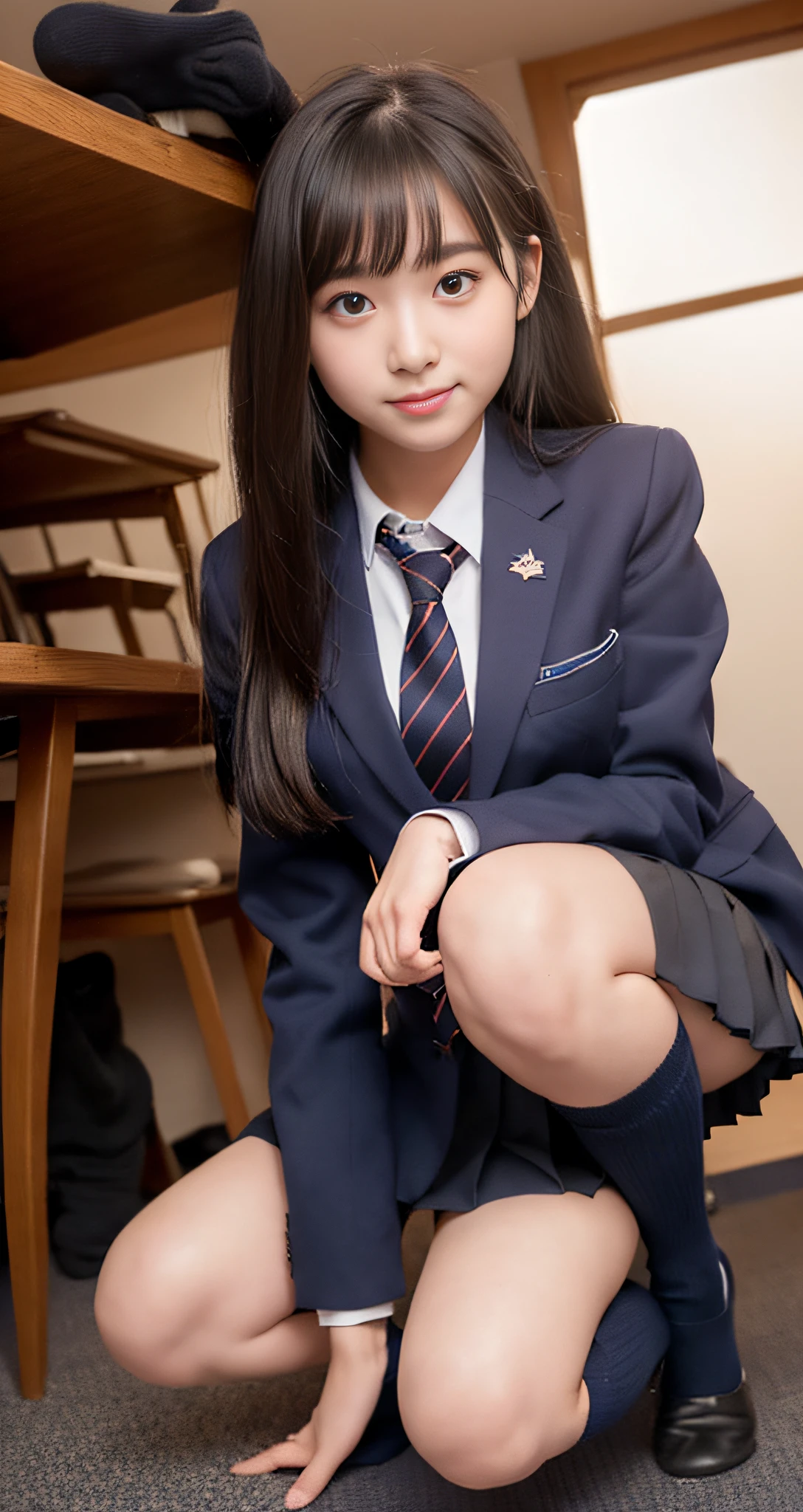 High school girl, one woman closeup, 35mm masterpiece, vivid details, super detail, realistic skin texture, live action, super high quality, navy blue blazer school uniform, navy blue pleated mini skirt, dark blue socks, navy blue high socks, gray high socks, brown loafers, knee  in high socks, smile, beautiful face, beautiful Japan woman, 18 years old, idol class cuteness, beautiful girl, full body shot, Beautiful thighs, beautiful legs, beautiful high school girl, super cute, kneeling, squatting, kneeling, one knee up, one knee standing squatting, looking from above, inner thighs, daytime, knee out, healthy inner thighs, bare legs between knee boys and skirts, socks from below the knees, natural light, outside, sunlight, chin raised, showing the nape of the neck, extremely cute schoolgirl