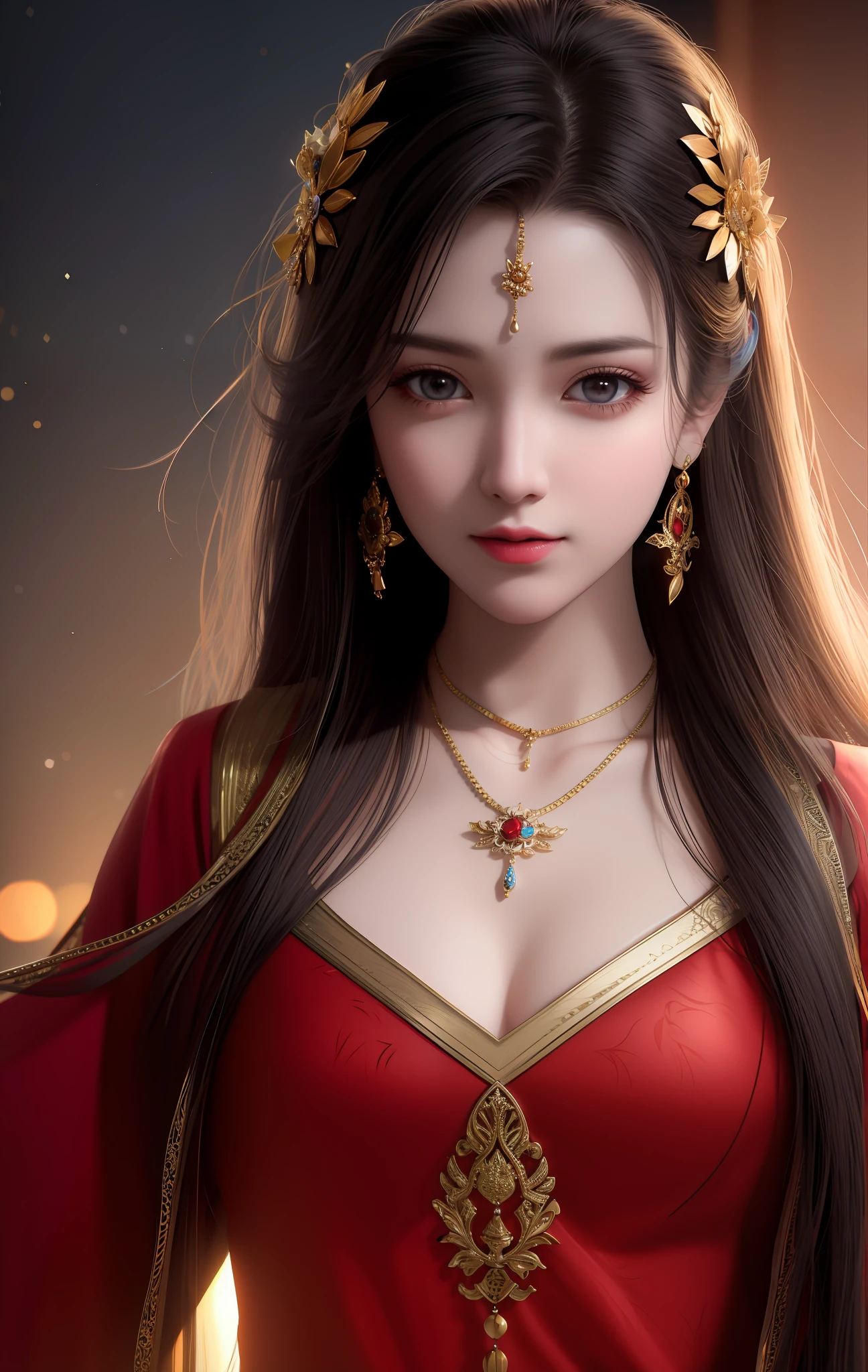 Best Quality, Masterpiece, High Resolution, 1 Slavic Type Girl, Red Porcelain Dress, Hair Ornament, Necklace, Jewelry, Beautiful Face, On Body, Tyndall Effect, Photorealistic, Dark Studio, Bezel Lighting, Two-Color Lighting, (High Skin Detail: 1.2), 8K UHD, DSLR, Soft Lighting, High Quality, Volumetric Lighting, Candid, Photography, High Resolution, 4K, 8K, Bokeh