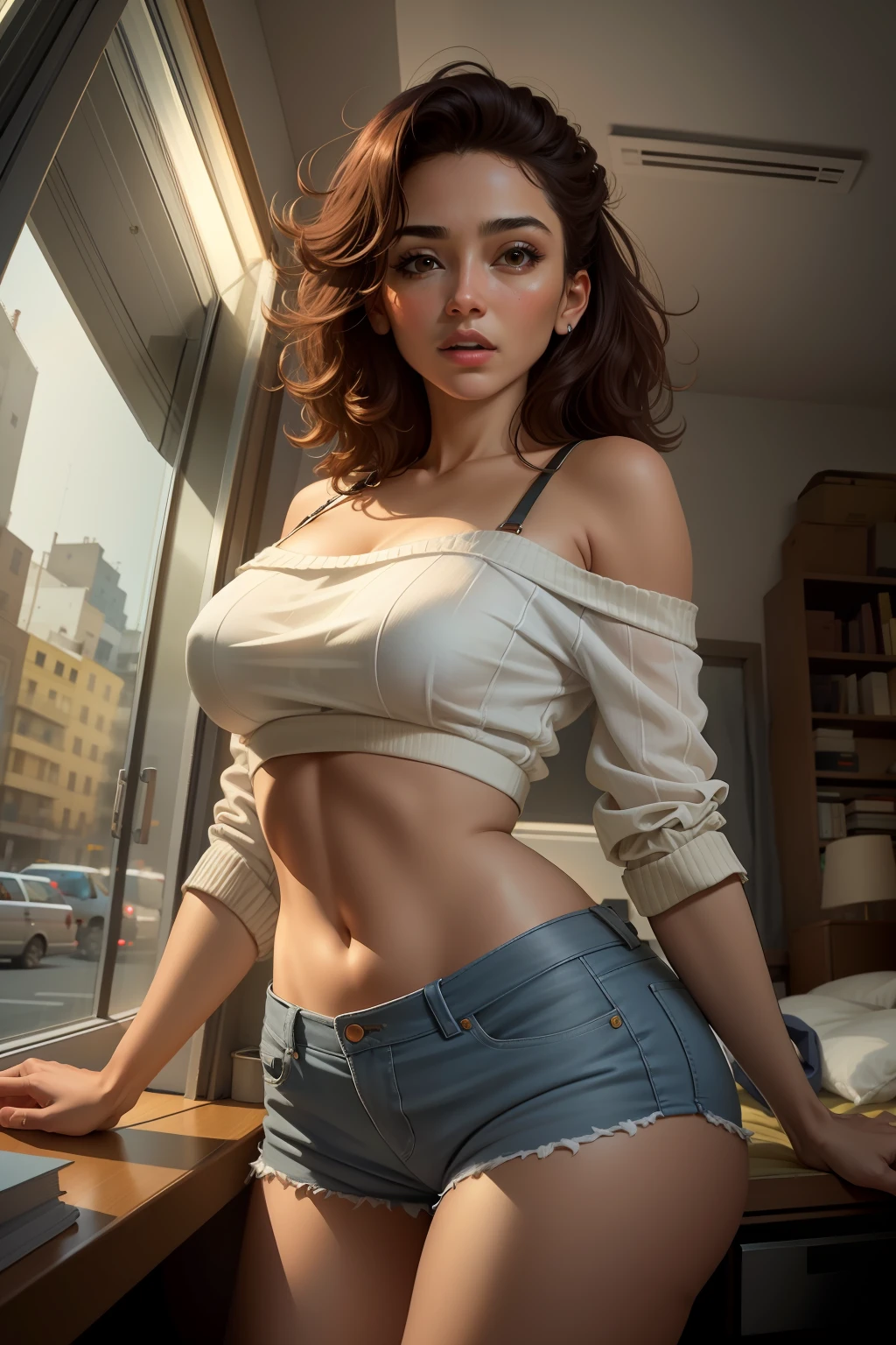 Masterpiece, highest quality, high resolution, solo, small breasts, leaving home, short blouse, no bra, Latina, adolescent, transparent panties, jumping window, from below, Both thighs are exaggerated, lascivious, bed, shaggy underwear, heavy breathing, sexual expression, open legs