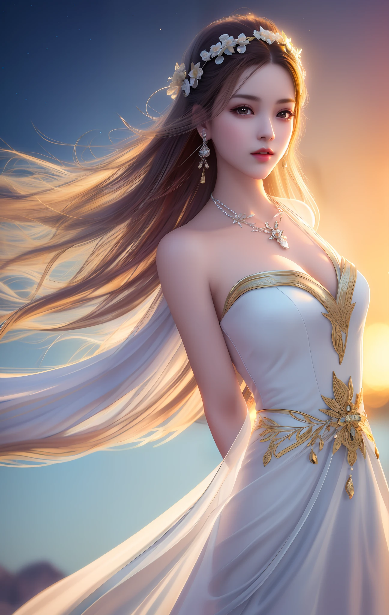 Best Quality, Masterpiece, High Resolution, 1 Girl, Porcelain Dress, Hair Ornament, Necklace, Jewelry, Pretty Face, On Body, Tyndall Effect, Photorealistic, Dark Studio, Rimming Lighting, Bicolor Lighting, (High Skin Detail: 1.2), 8k uhd, dslr, soft lighting, high quality, surround lighting, candid, photography, high definition, 4k, 8k, bokeh