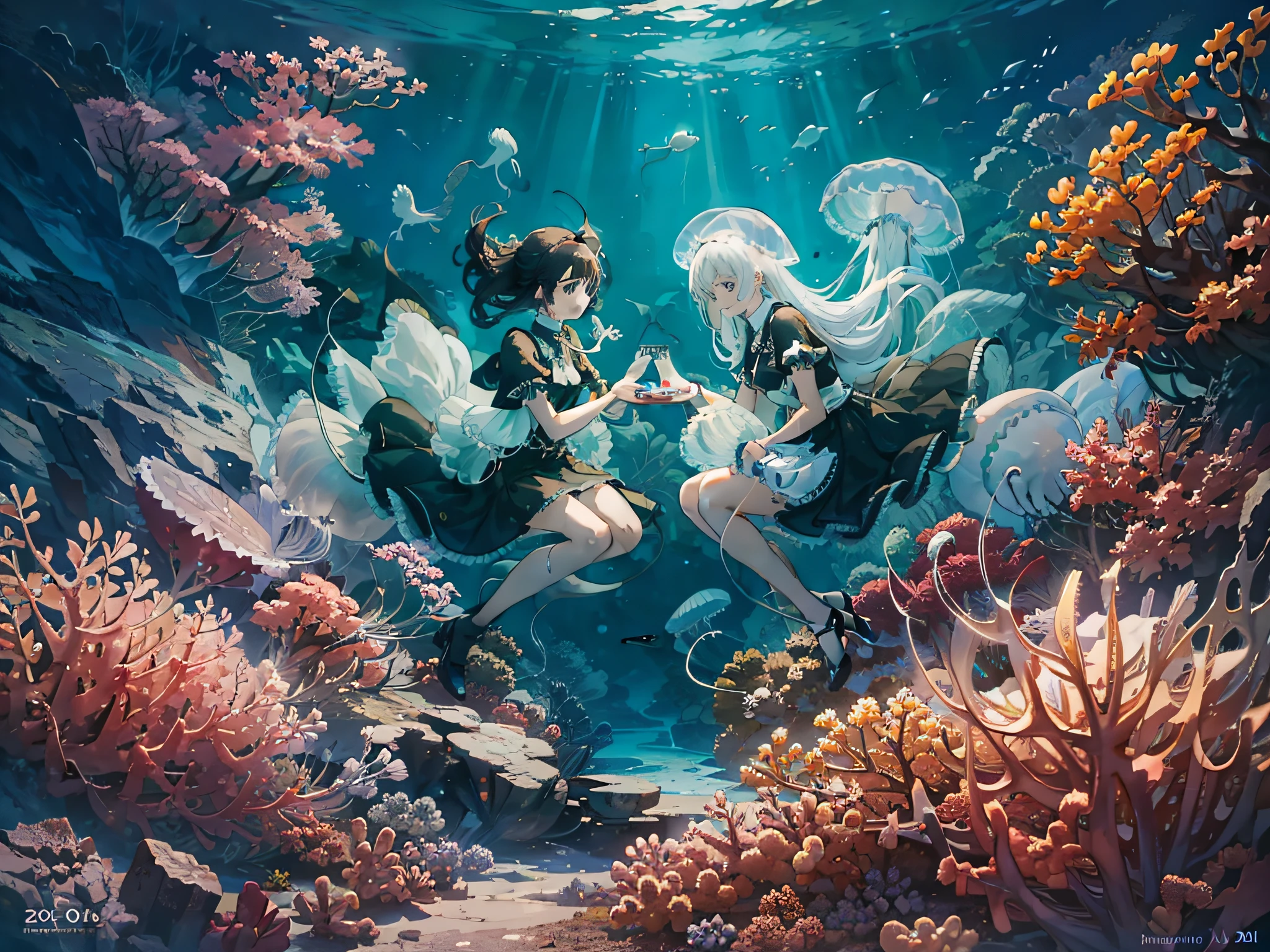 A scene of best quality, masterpiece, very detailed, 8k, wallpaper and fantasy quality, BREAK showing undersea environment, BREAK where (a young couple :1.8), (many jellyfishes :1.4) and (fishes :1.2) are present, BREAK the couple are sitting on a rock at the bottom of the ocean and they are staring at each other, BREAK with cool colors, cold colors, calm atmosphere, wide shot, 28mm and bird's eye view effects.