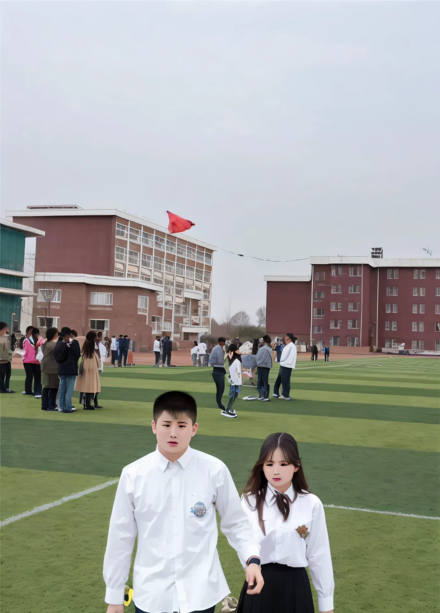 there are two people standing on a field with a kite in the sky, student, zmonzheng, high school, ruan jia and fenghua zhong, very very low quality picture, jinyiwei, cai xukun, mingchen shen, college, real picture, zeng fanzh, 8k selfie photograph, the photo was taken from afar