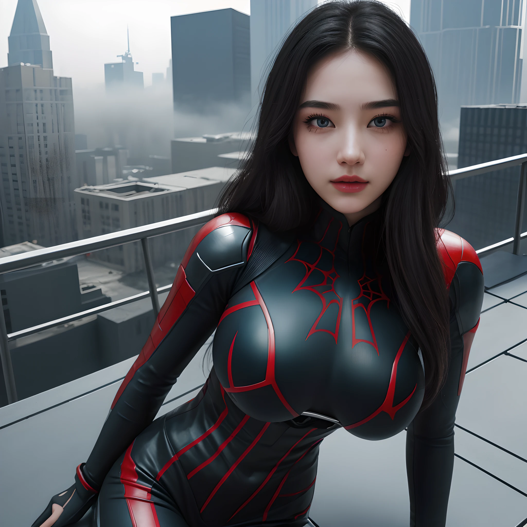 (1girl:1.3), Solo, (((Very detailed face)))), ((Very detailed eyes and face)))), Beautiful detail eyes, Body parts__, ((big breast)), Unified 8k wallpaper, Super detailed, beautiful and beautiful, beautiful, masterpiece, best quality, original, masterpiece, super fine photo, best quality, super high resolution, realistic realism, sunlight, full body portrait, amazing beauty, dynamic pose, delicate face, vibrant eyes, (from the front), She wears venom suit, red and black color scheme, spider, very detailed city roof background, rooftop, overlooking the city, detailed face, detailed complex busy background, messy, gorgeous, milky white, highly detailed skin, realistic skin details, visible pores, clear focus, volumetric fog, 8k uhd, DSLR, high quality, film grain, fair skin, photo realism, lomography, futuristic dystopian megalopolis,